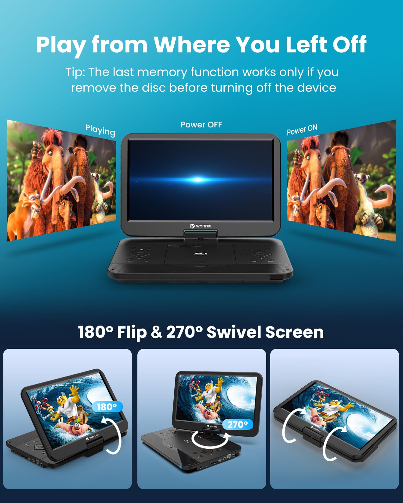 WONNIE Lettore DVD portatile Bluray con schermo 1080p Full HD da 15,6 pollici, grande schermo girevole, suono surround, supporto ultima memoria, uscita HDMI, ingresso AV, scheda USB/SD