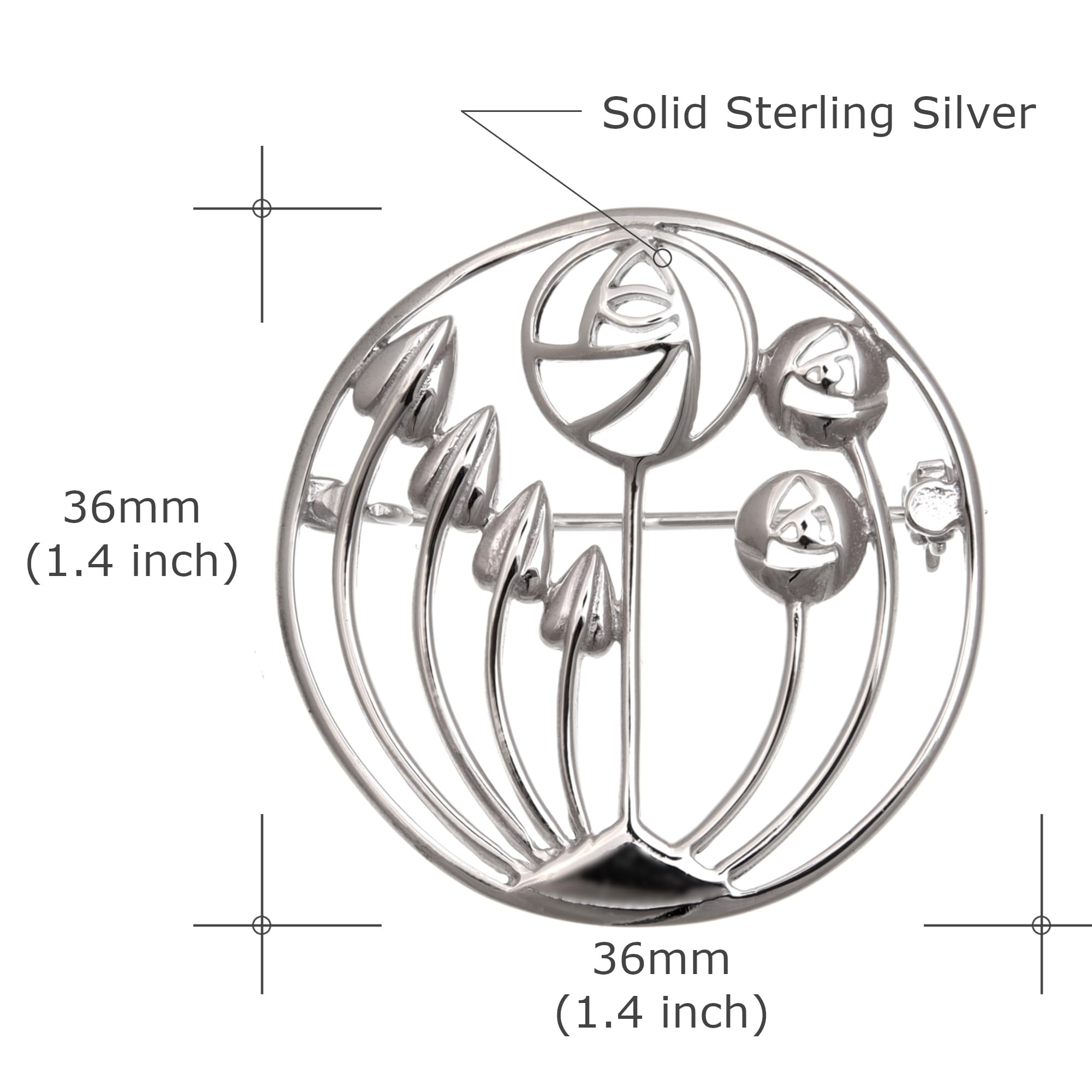 Alexander Castle Charles Rennie Mackintosh Brosche aus 925er Sterlingsilber für Damen – Silberne Brosche mit Geschenkbox – 36 mm