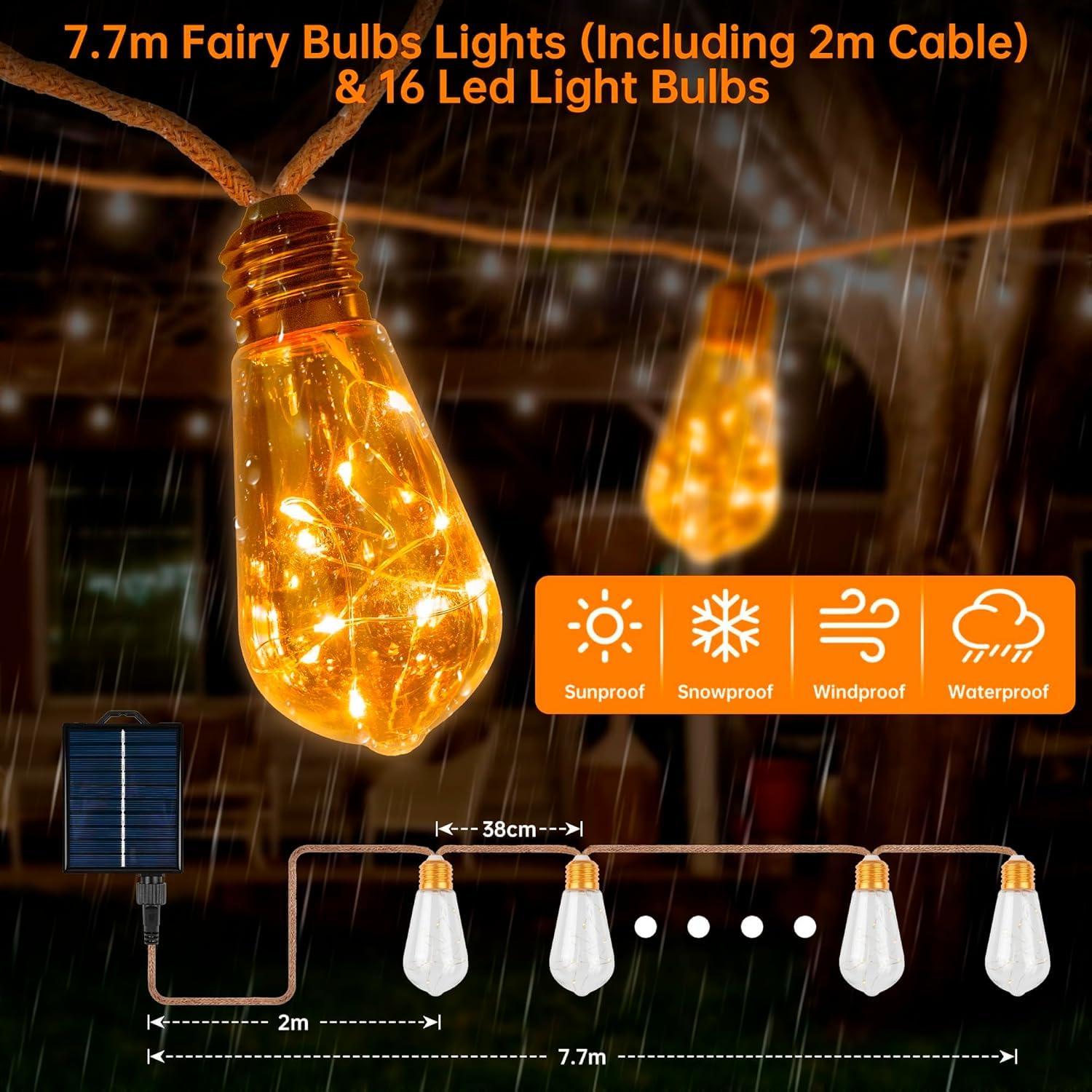 Guirlande Lumineuse Exterieure, Guirlande Guinguette Solaire avec 16 Ampoules, Corde de Chanvre 6.4M, 8 Modes IP65 Étanche, Télécommande et Chargement USB, pour Jardins, Cours, Bistrots,Pavillon