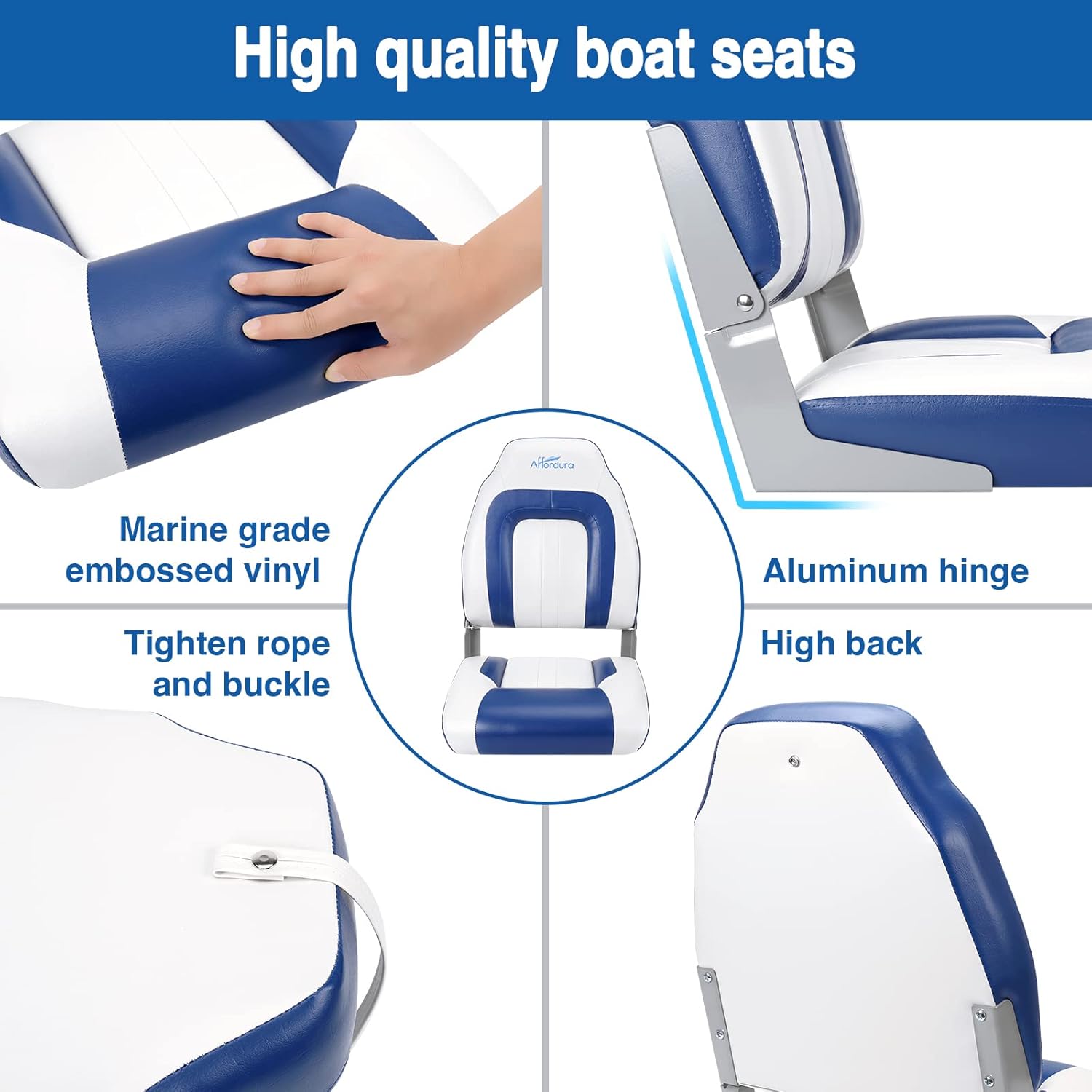 Affordura Boat Seat for Boats with 2 Storage Bags High Back Folding Boat Seat Boat Fold Down Seat (2 Packs), Blue and White