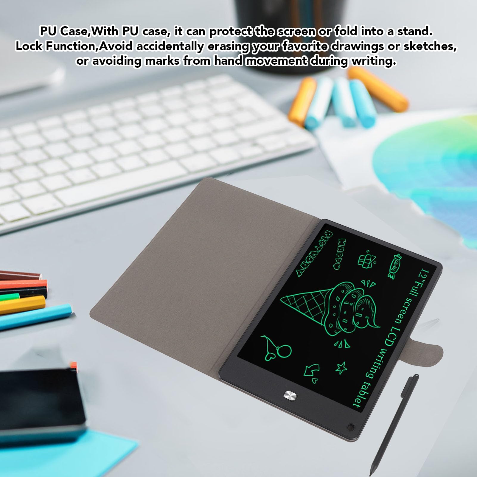 Tablet di Scrittura LCD per Adulti, Tablet da Disegno a Schermo Intero 12 Pollici, Cuscinetto Elettrico a Mano, Blocco Digitale Cancellabile Riutilizzabile con Penna, Case PU