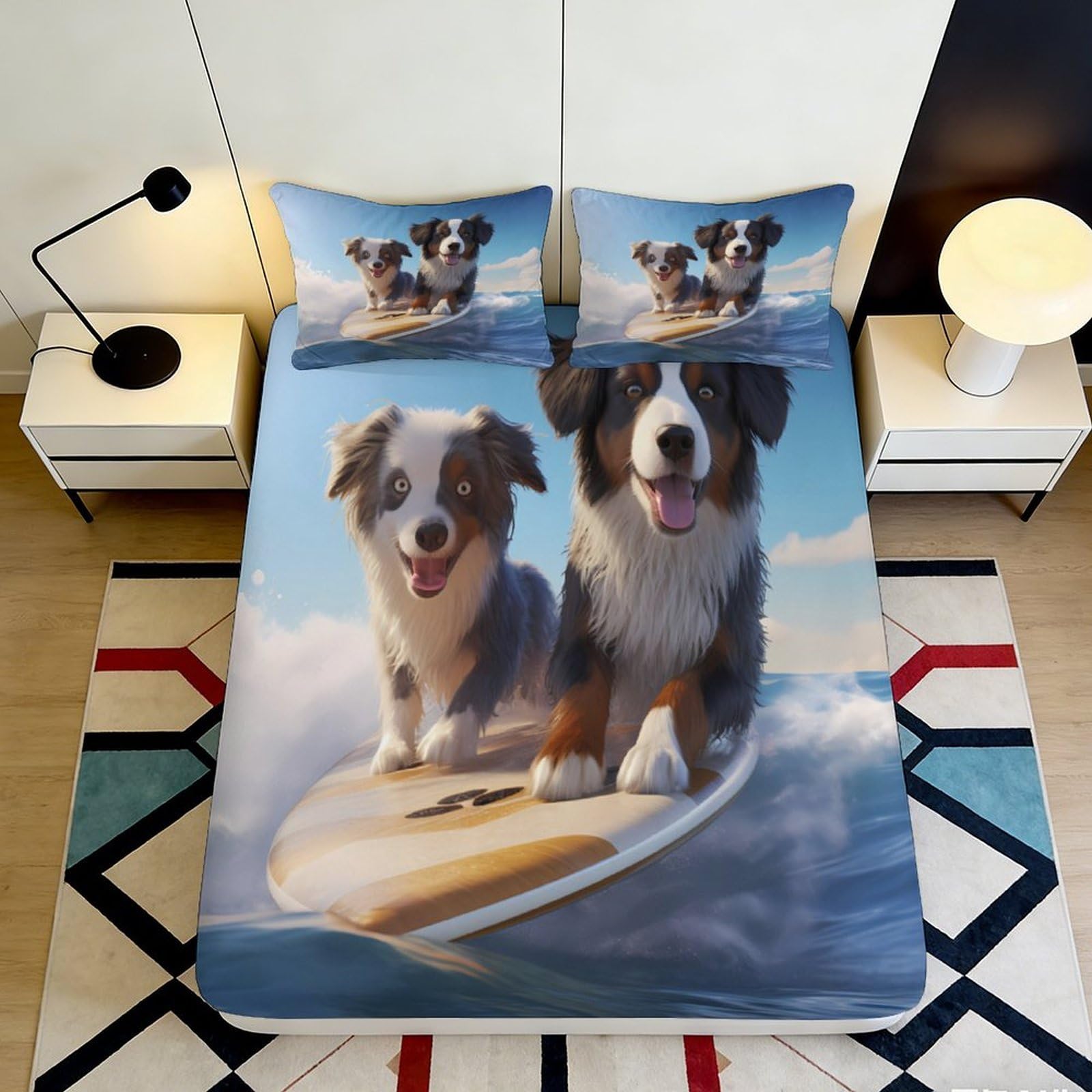 3D Printed Surfing Dogs Fitted Sheet Microfiber Soft Breathable Ocean Wave Bed Cover for Bedroom Dormitory Guest Room Mattress Protection Decor 180x200x25cm