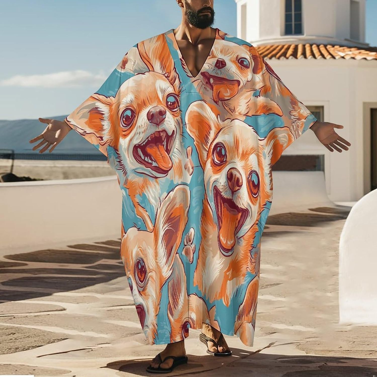 Happy Chihuahua Dogs Men's Kaftan Thobe V-Neck Long Gown Loose Robe