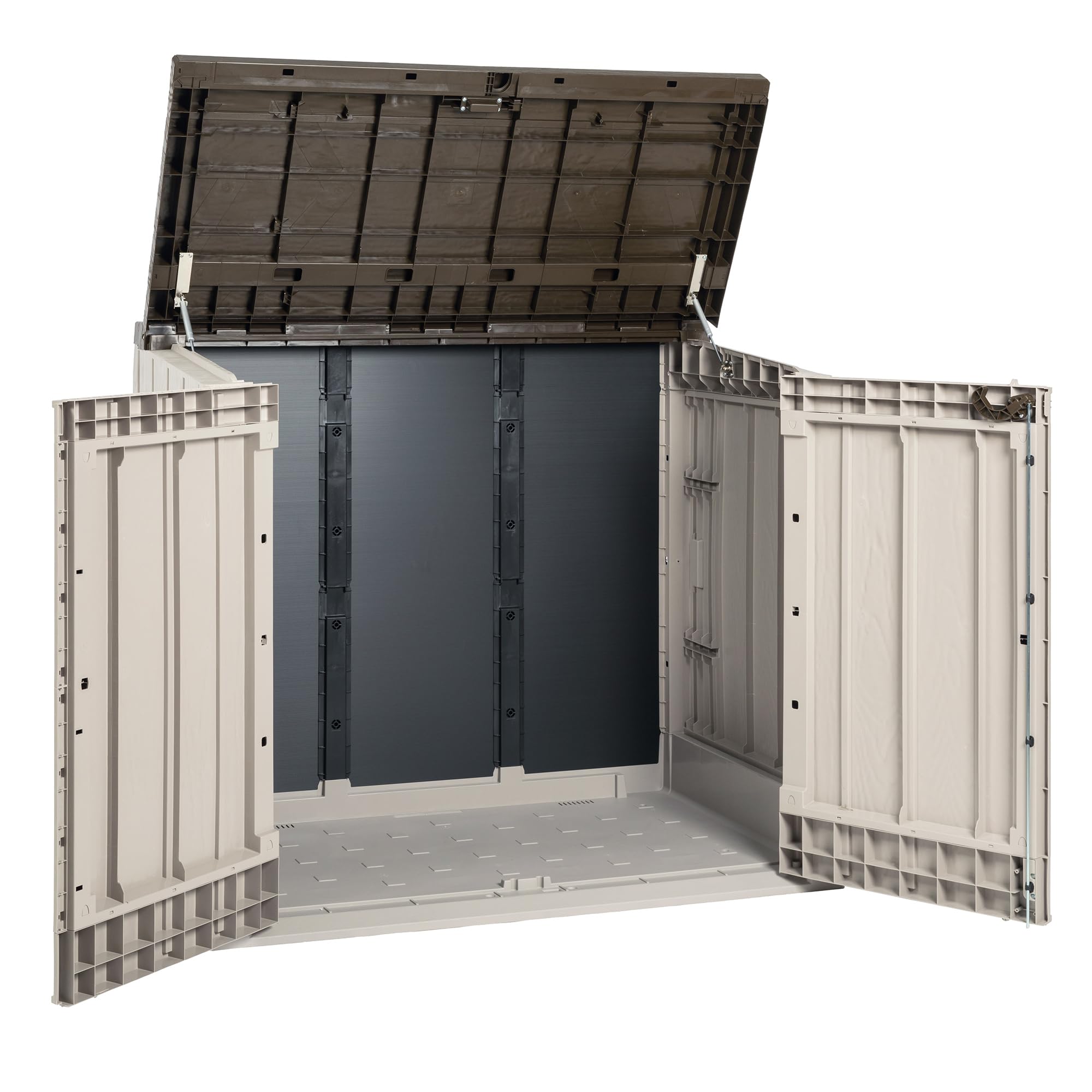 Toomax Storer Plus XL Baule da 1270L portattrezzi giardino, 145x85x124,5h cm effetto legno grigio talpa/marrone, porta bidoni spazzatura con coperchio assistito, resistente ai raggi UV, per esterni