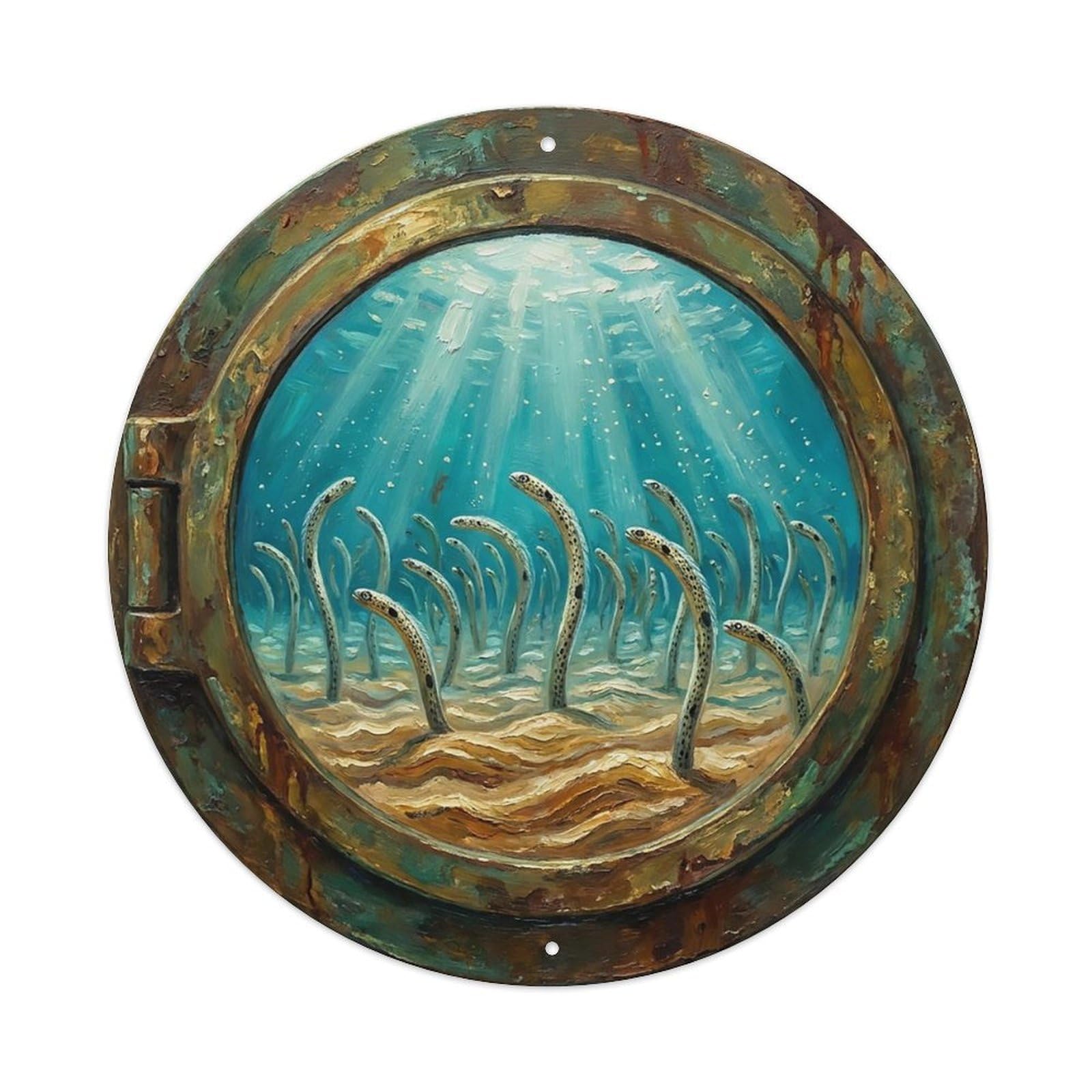 Vintage Porthole Garden Eel Colony Ship Window Undersea Deep Sea Metal Tin Sign