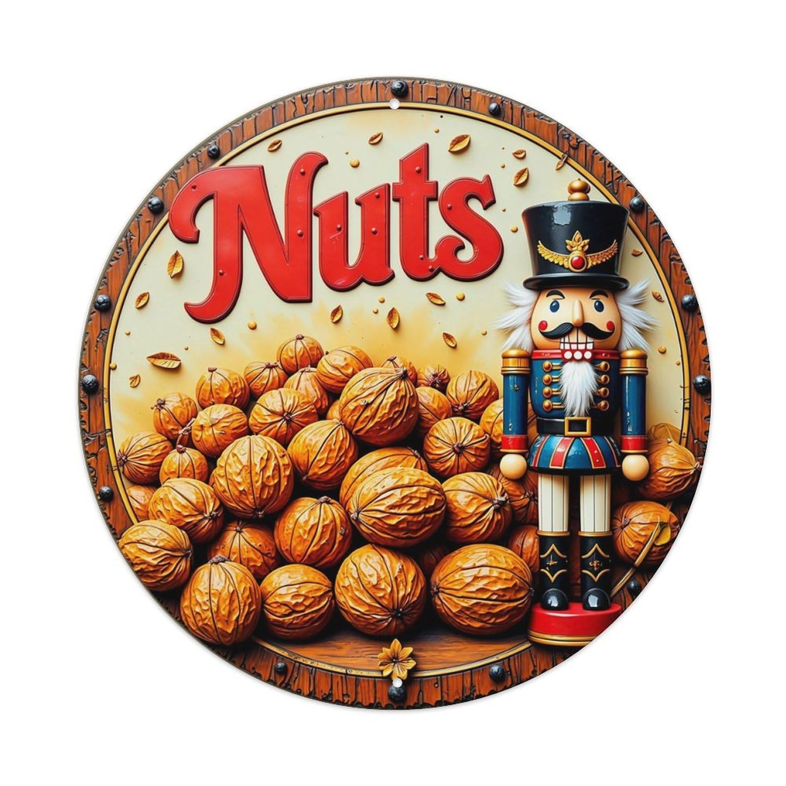 Nuts Nutcracker Walnut Pattern Wood Retro Metal Sign Round Tin Sign, Vintage Decor Art Poster for Bar, Home, Man Cave, Kitchen, Laundry Room Gift 8x8Inch