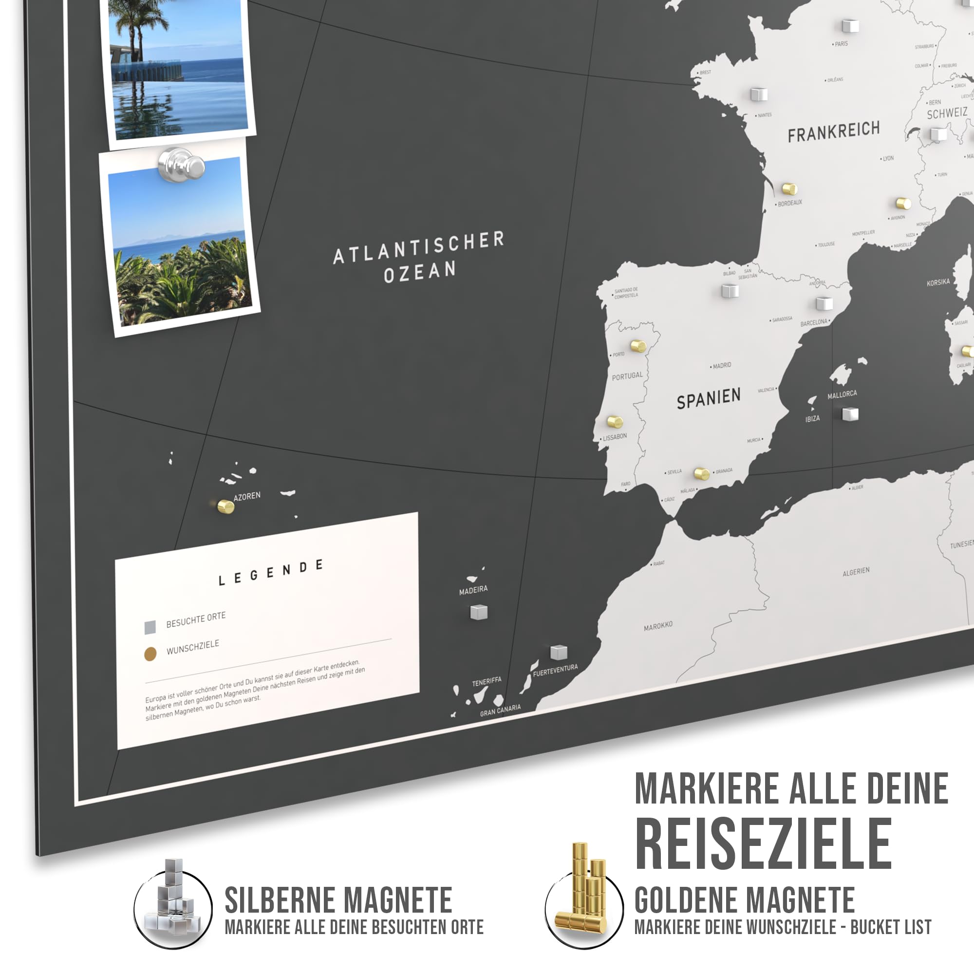 Magnetische Pinnwand Europakarte inkl. 2 x 15 magnetische Pins I Markiere Deine Reiseziele I Sammel Fotos und Magnete I Magnet Poster (XL (84x59cm))