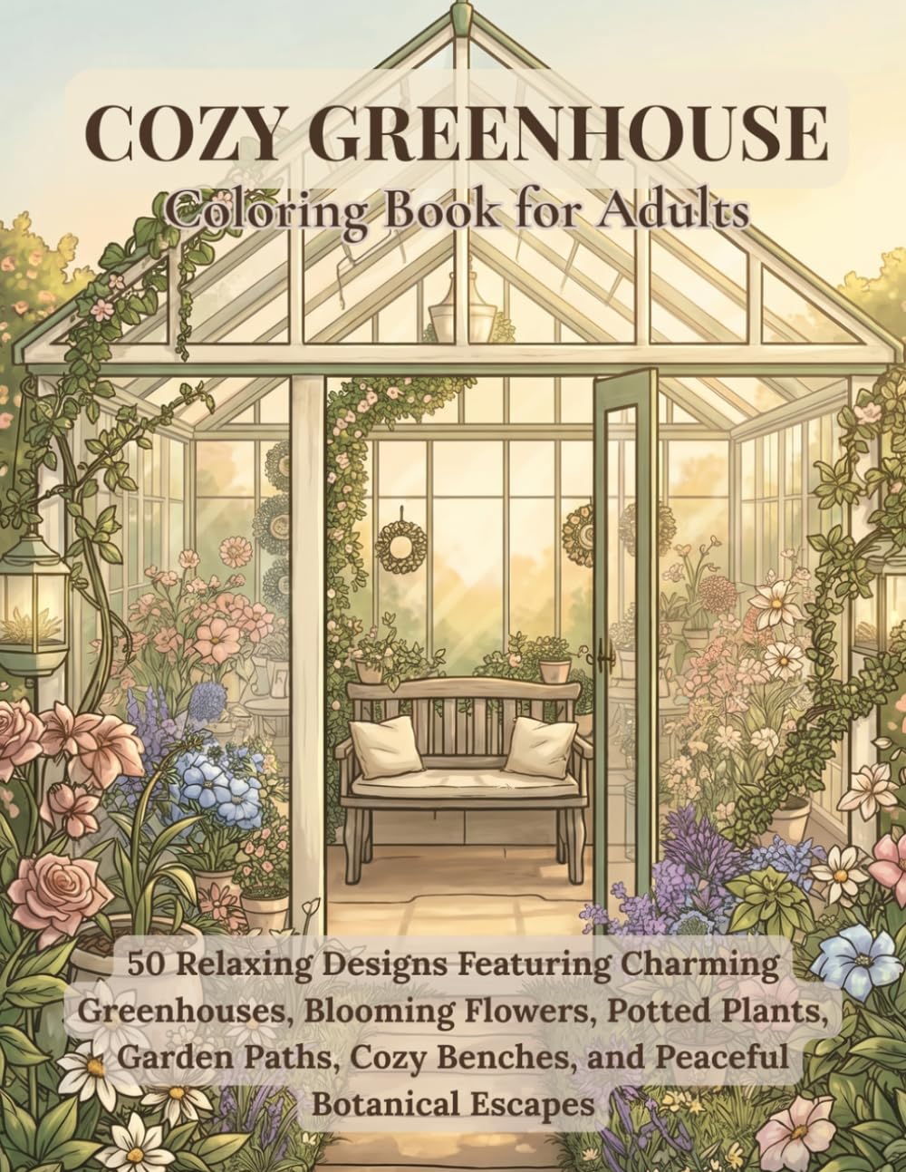 Cozy Greenhouse Coloring Book for Adults: 50 Relaxing Designs Featuring Charming Greenhouses, Blooming Flowers, Potted Plants, Garden Paths, Cozy Benches, and Peaceful Botanical Escapes