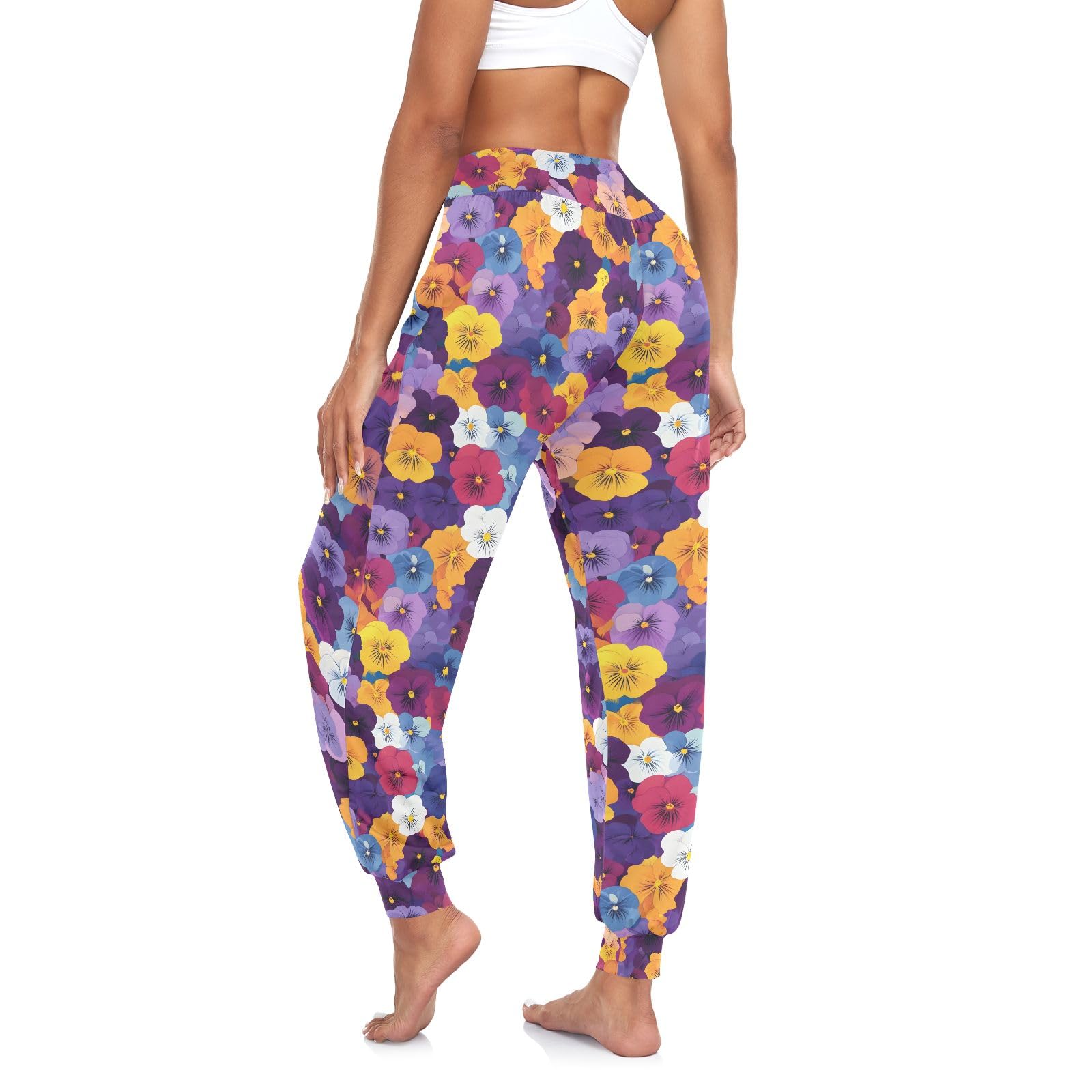 CHIFIGNO White Yellow Blue Purple Flowers Women's Sweatpants Jogger Sweat Pants Baggy Pants, S