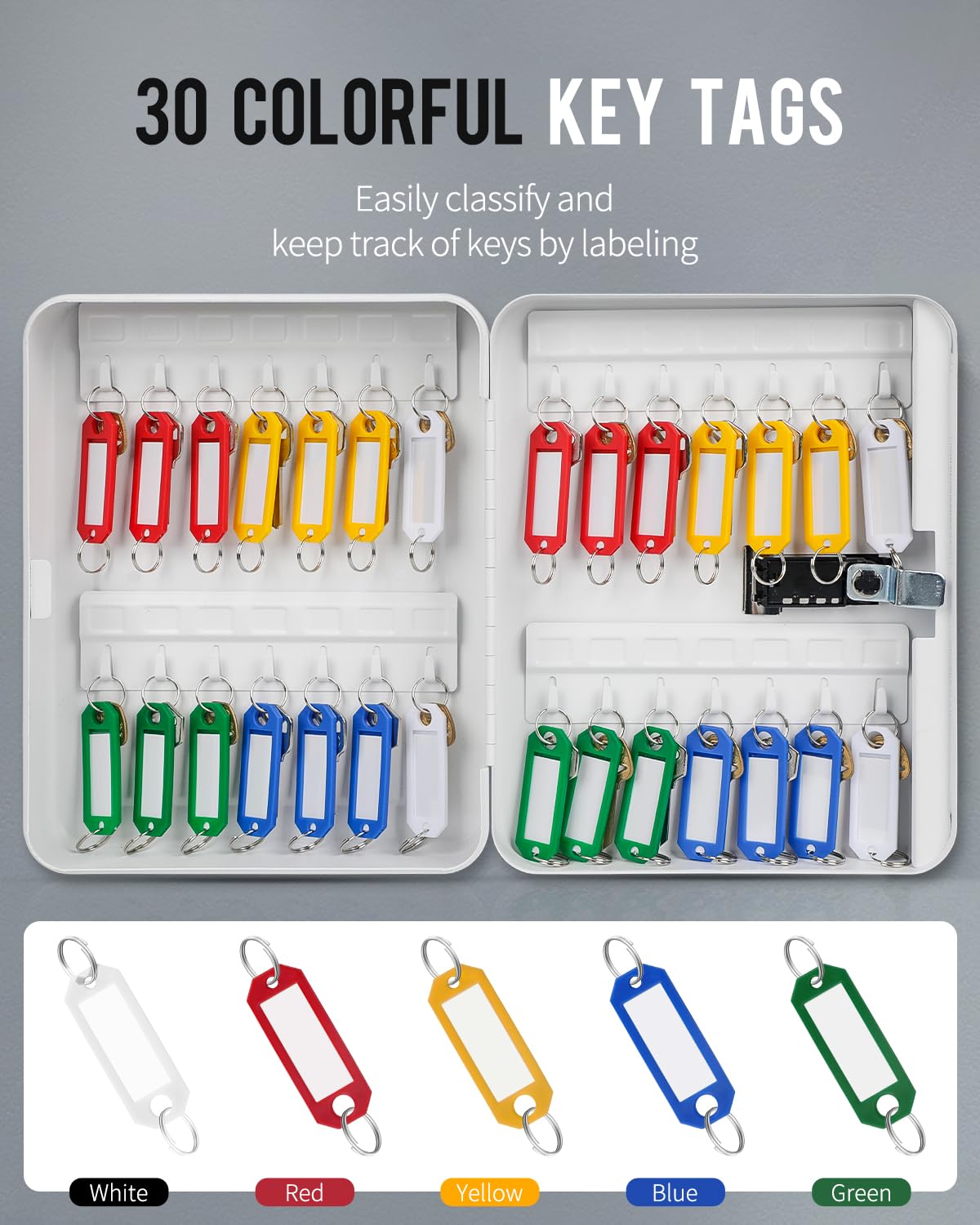 Uniclife Armadietto portachiavi a 28 chiavi in acciaio con serratura a combinazione, organizer per chiavi da parete con codice ripristinabile, scatola di sicurezza digitale bianca con ganci e