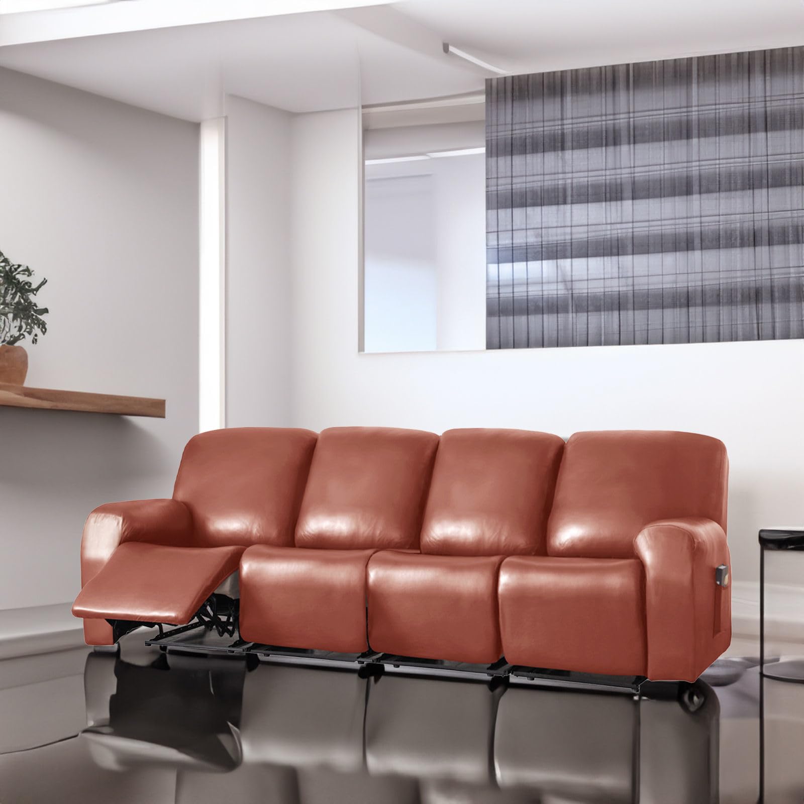 Juego de 10 fundas impermeables de cuero elástico para sofá reclinable de 4 plazas, parte inferior elástica naranja, resistente a los arañazos, lavable