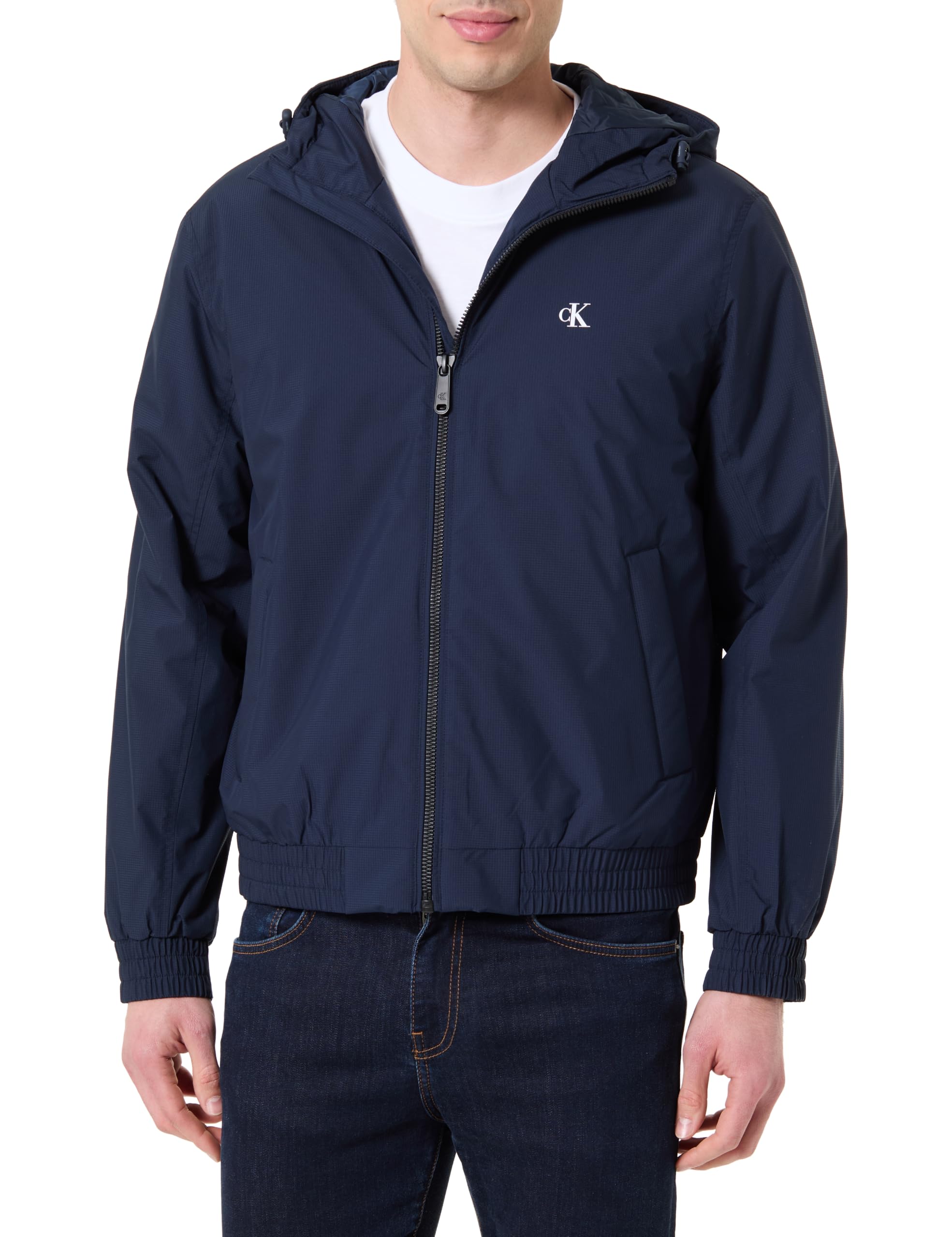 Calvin Klein Men's Windbreaker Jacket Hooded Ripstop Harrington with Hood, Blue (Dark Sapphire), M