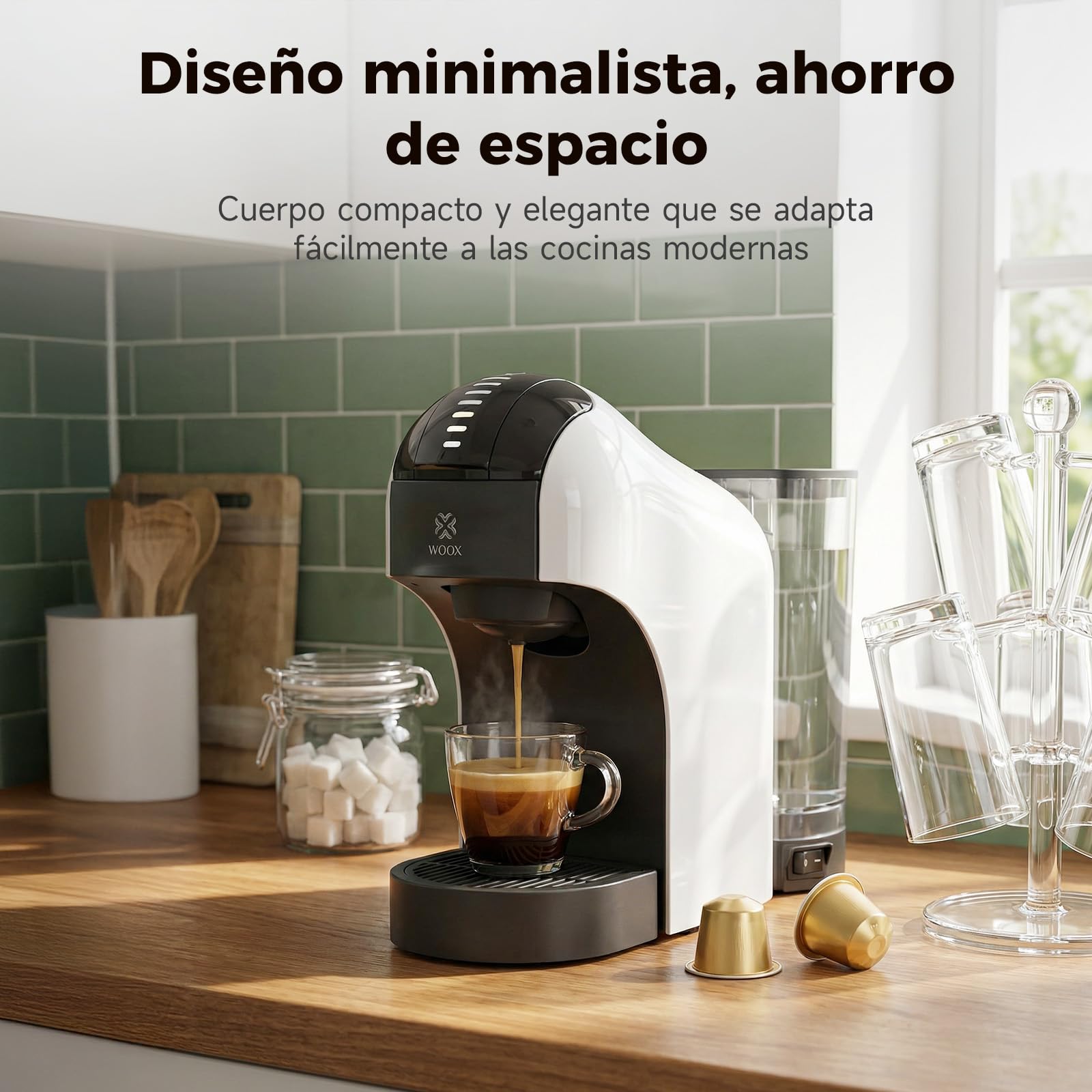 Woox Cafetera Cápsulas, 20 bares de presión, 1400W potencia, Compacta, Apta para Café Molido, Dolce Gusto, Nespresso y K-fee, Depósito Extraíble de 850ml, Apagado Automático