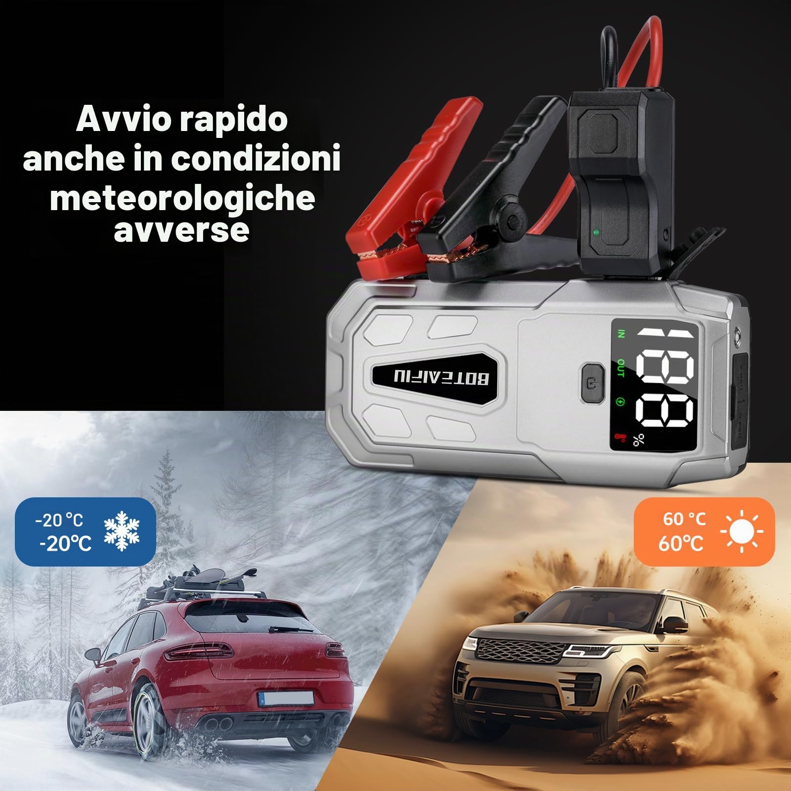 Avviatore di Emergenza 5000A Booster Portatile per Auto Moto con Display LCD Power Bank da 12V per Batteria Scarica Ricarica USB Fino a 9.5L Benzina o 8.0L Diesel