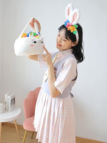 Miniatura 13 de Preciosa cesta de Pascua de conejito gris con lazos rosados, cesta para cacería de huevos de Pascua para niños (cesta de conejo gris)