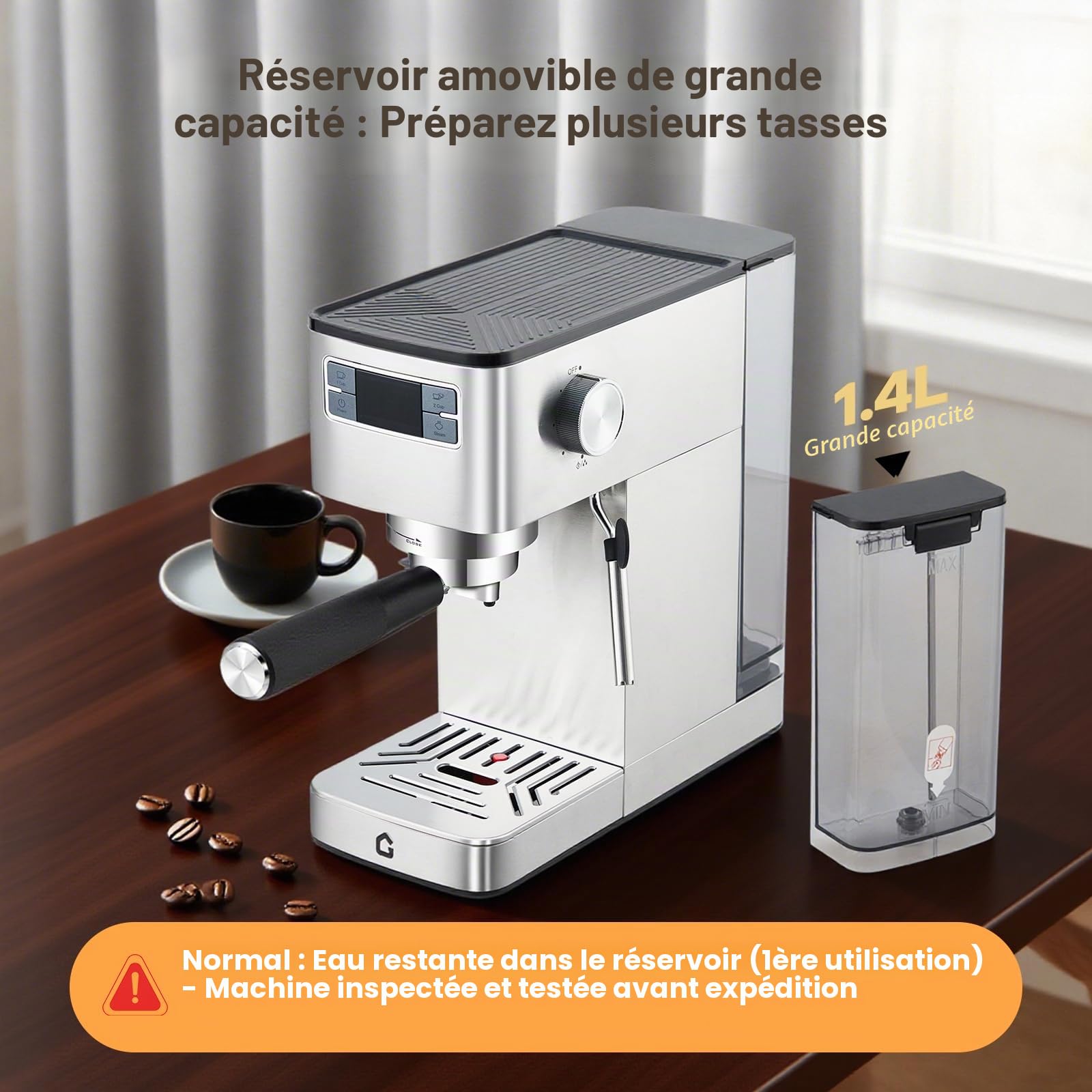 GarveeTech Machine à café, porte-filtre 20 bars avec mousseur à lait pour expresso, cappuccino et latte - machine à expresso compacte avec thermobloc, fonction eau chaude et indicateur de détartrage