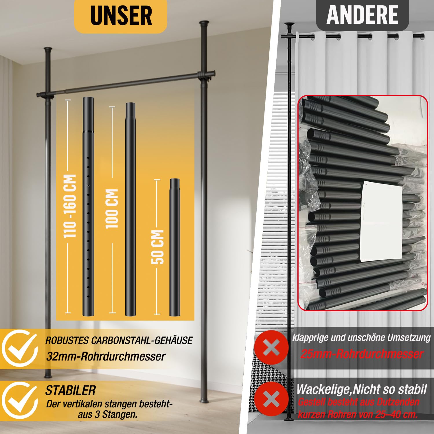 Tringle à Rideaux sans Percage, séparation de pièce 180 x 300 cm, écran réglable en flexibilité, cloison de séparation de pièce, Aucun perçage requis, pour Chambre ou Bureau (3.7, Kilogrammes)