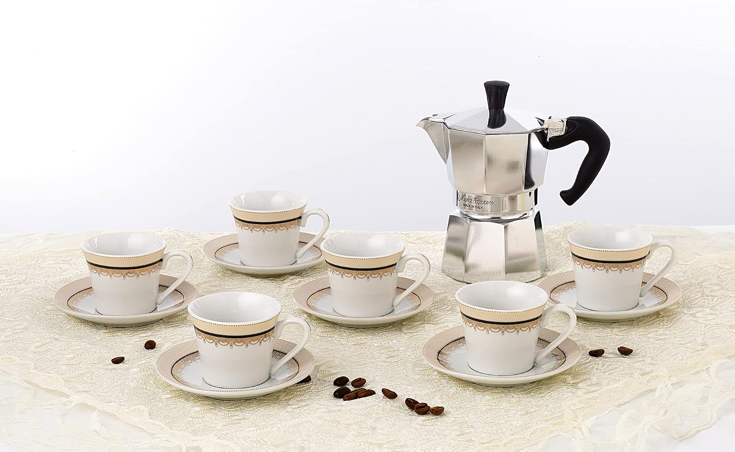 World Gifts Elegant Durable and Colorful Porcelain Espresso Cup and Saucer Set - Gold and Black, Set of 6, 2 oz.
