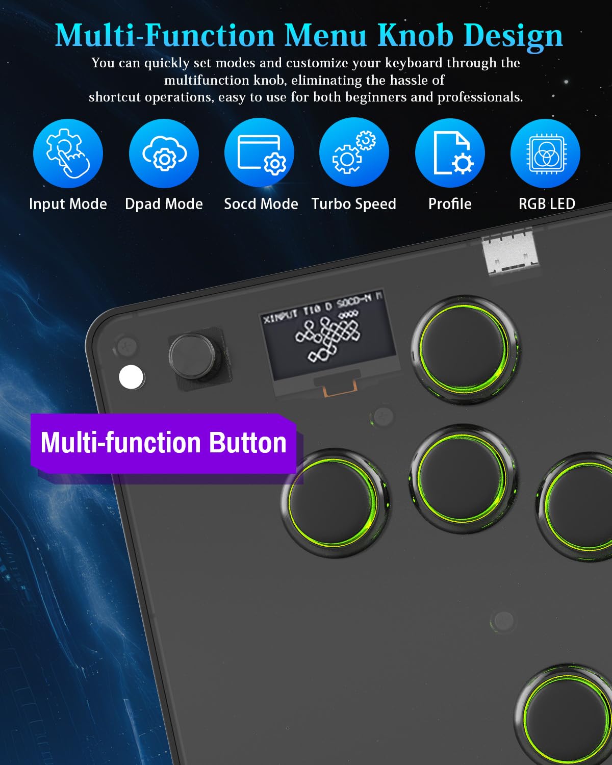 GM-16 Leverless Arcade Controller, All-Button Fight Stick per PS4/PS3/PC/Switch, Fight Stick per giochi di combattimento con funzioni RGB e Turbo personalizzate e Hot Swap