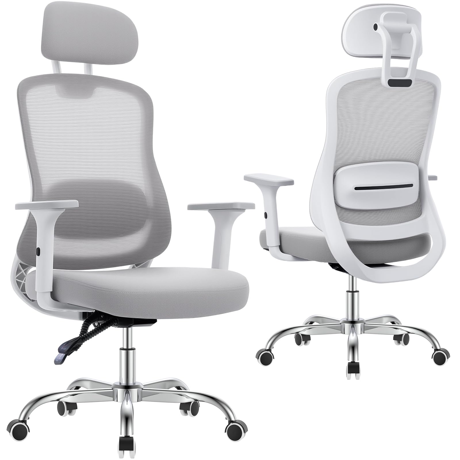 naspaluro 150kg Bürostuhl Ergonomisch Netzbezug 3D Armlehnen | Neigbare Rückenlehne mit Kopfstütze, höhenverstellbar, leise Rollen, für Homeoffice & Gaming, einfache Montage, Weißgrau
