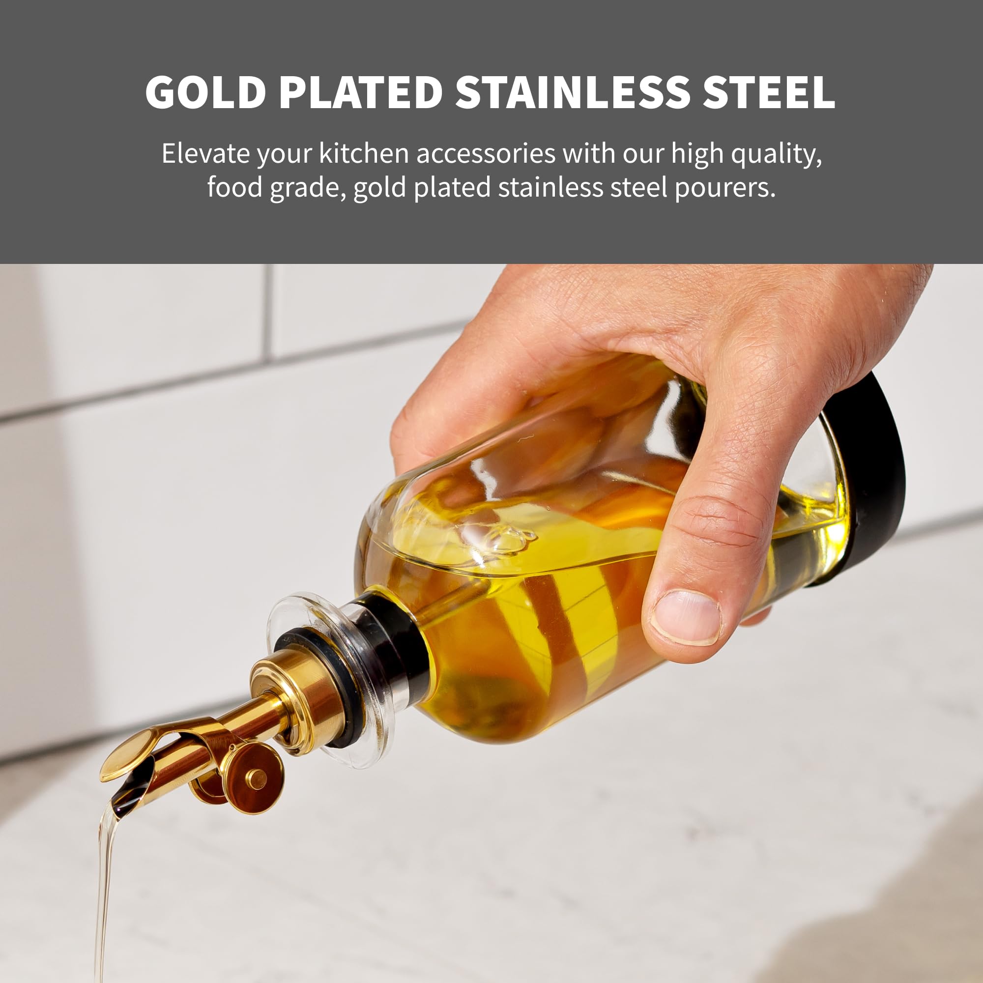 STOVE SHELF StoveShelf - Juego de dispensadores de aceite y vinagre, dispensadores de aceite con base de silicona, protege el acabado de tu estufa, botella de vidrio con dispensador dorado, juego de 2