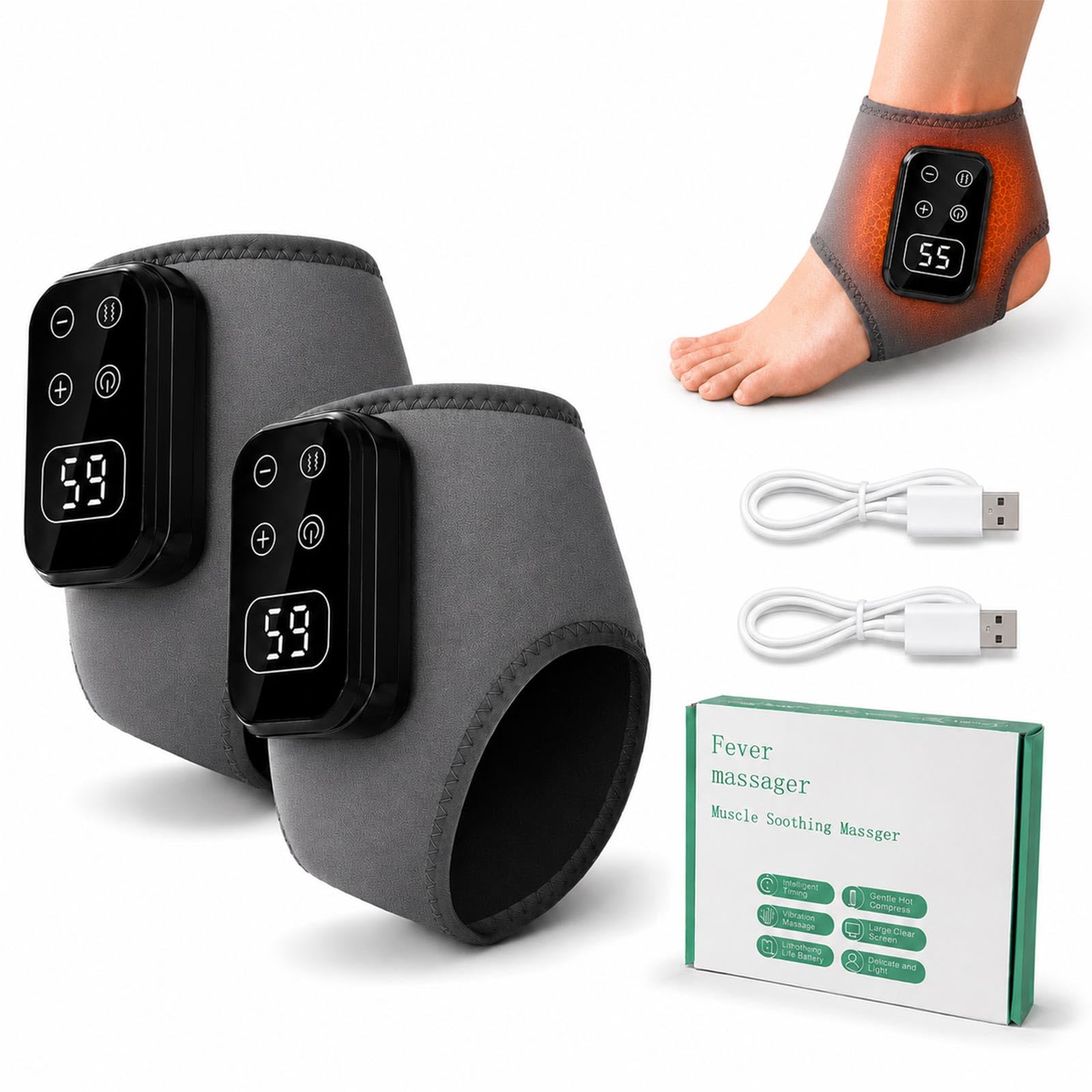 3-in-1 Fussmassagegerät mit Wärme, Kabellos Fußmassagegerät für Schmerzlinderung & Durchblutung, 5 Vibrationsmodi & 5 Heizstufen, USB-C Wiederaufladbares, Ideal für Zuhause, Büro und Sportler, 2 Stück