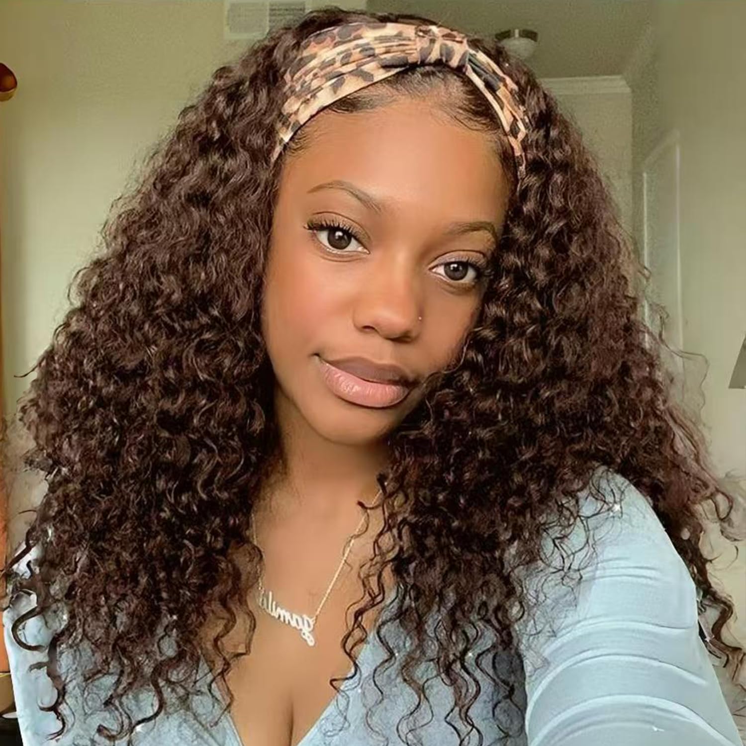 SENSAIRUITE Chocolate Brown Headband Wig Human Hair 18 Inch Deep Wave Curly None Lace Front Wigs for Black Women 180% Density Wear and Go Glueless Wig