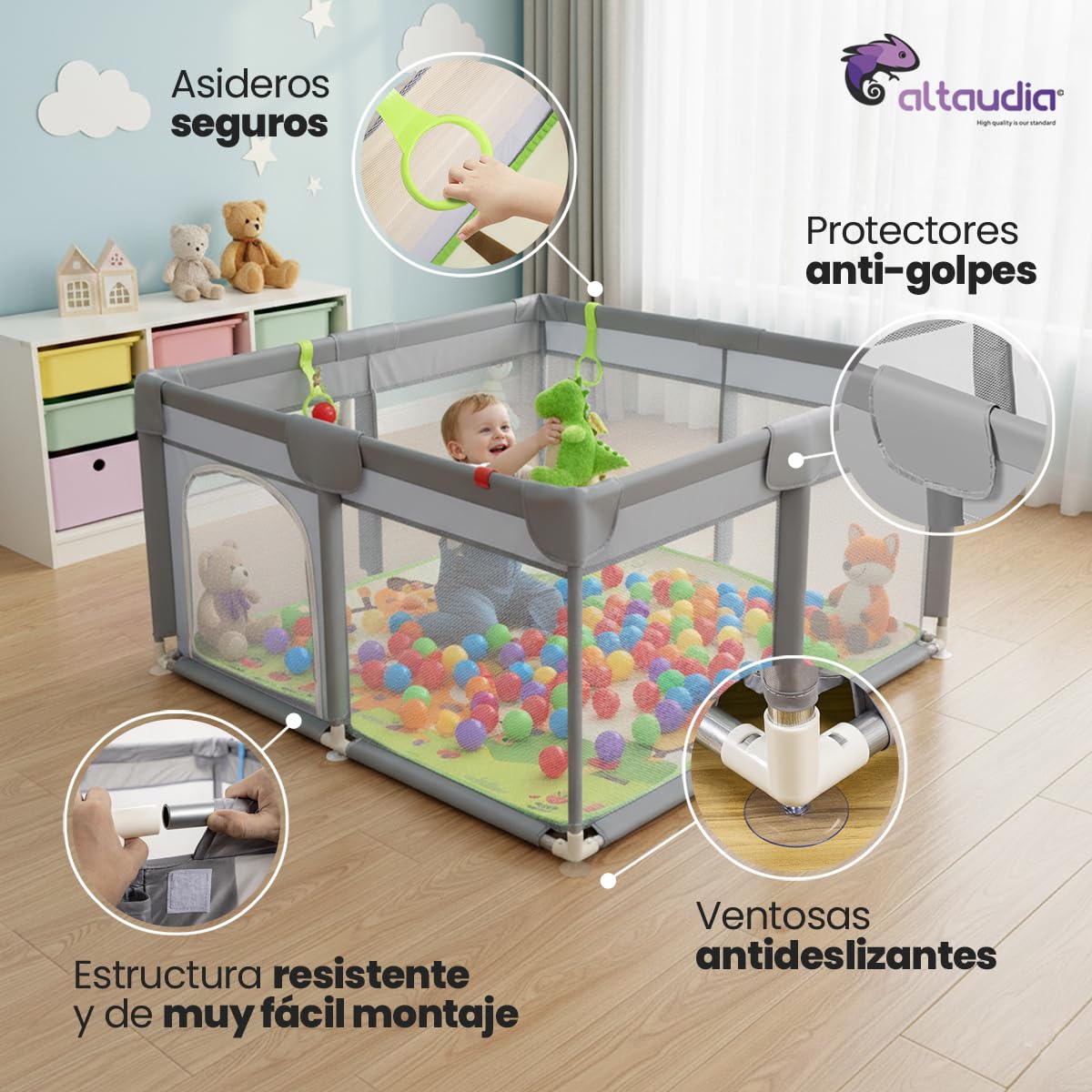 Parque Infantil Bebe 120x120cm + Alfombra Bebe + 50 Bolas + Bolsas de Transporte – Corralito Bebe con Malla Transpirable – Parque de Juegos Divertido para Bebe - Gris (120 * 120)