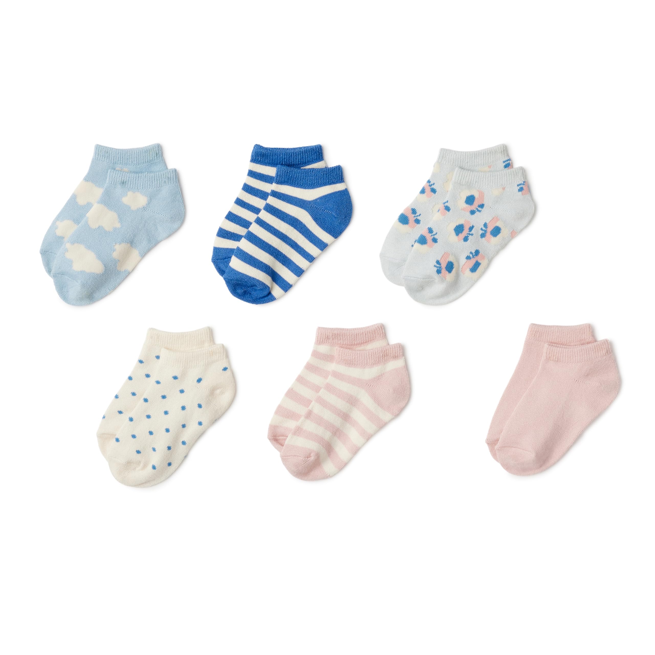 Amazon Essentials Girls' No Show Patterned Socks, 6 Pairs, Pink/Blue Floral, L (8-12 Years)