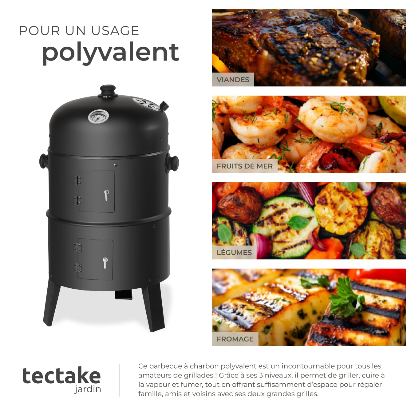 tectake® Barbecue Grill XL BBQ à Charbon Smoker Fumoir Viande et Poisson 3 en 1, 3 étages avec Roues et Thermomètre intégré pour Cuisine à la vapeur Cuisine extérieure