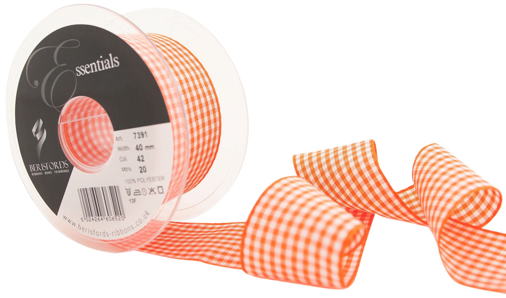 Berisfords 7391 20 m x 40 mm Traditional Check Gingham Ribbon, Orange Delight