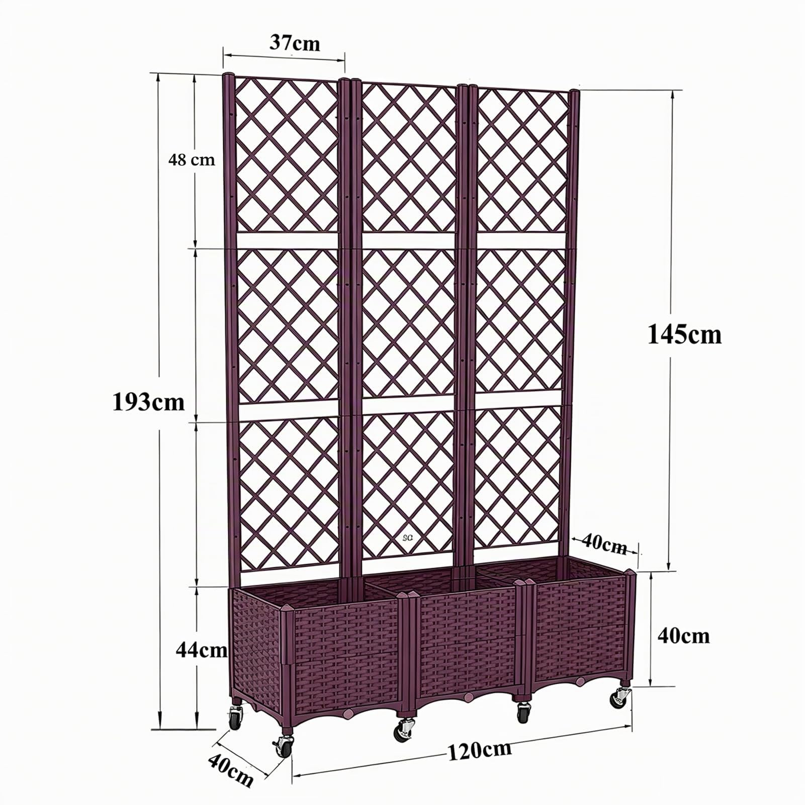 Jardinera 3 Piezas con Enrejado, 120x40x193cm, Macetero Alto de PP Resistente con Ruedas Bloqueables y Agujeros de Drenaje, para Plantas Trepadoras en Balcón, Terraza o Jardín, Marrón