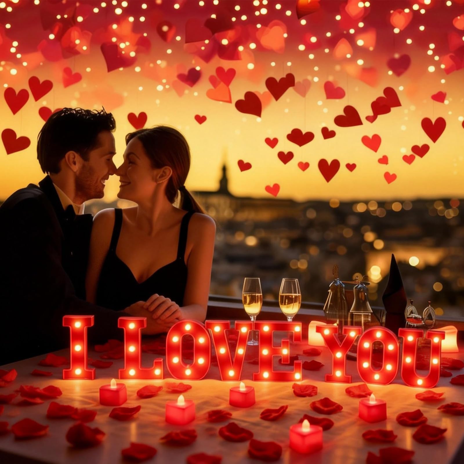 Lettres lumineuses « I Love You » avec 24 bougies LED sans flamme en forme de cœur - 2 000 faux pétales de rose - Décorations romantiques et spéciales pour la Saint-Valentin, un mariage, des