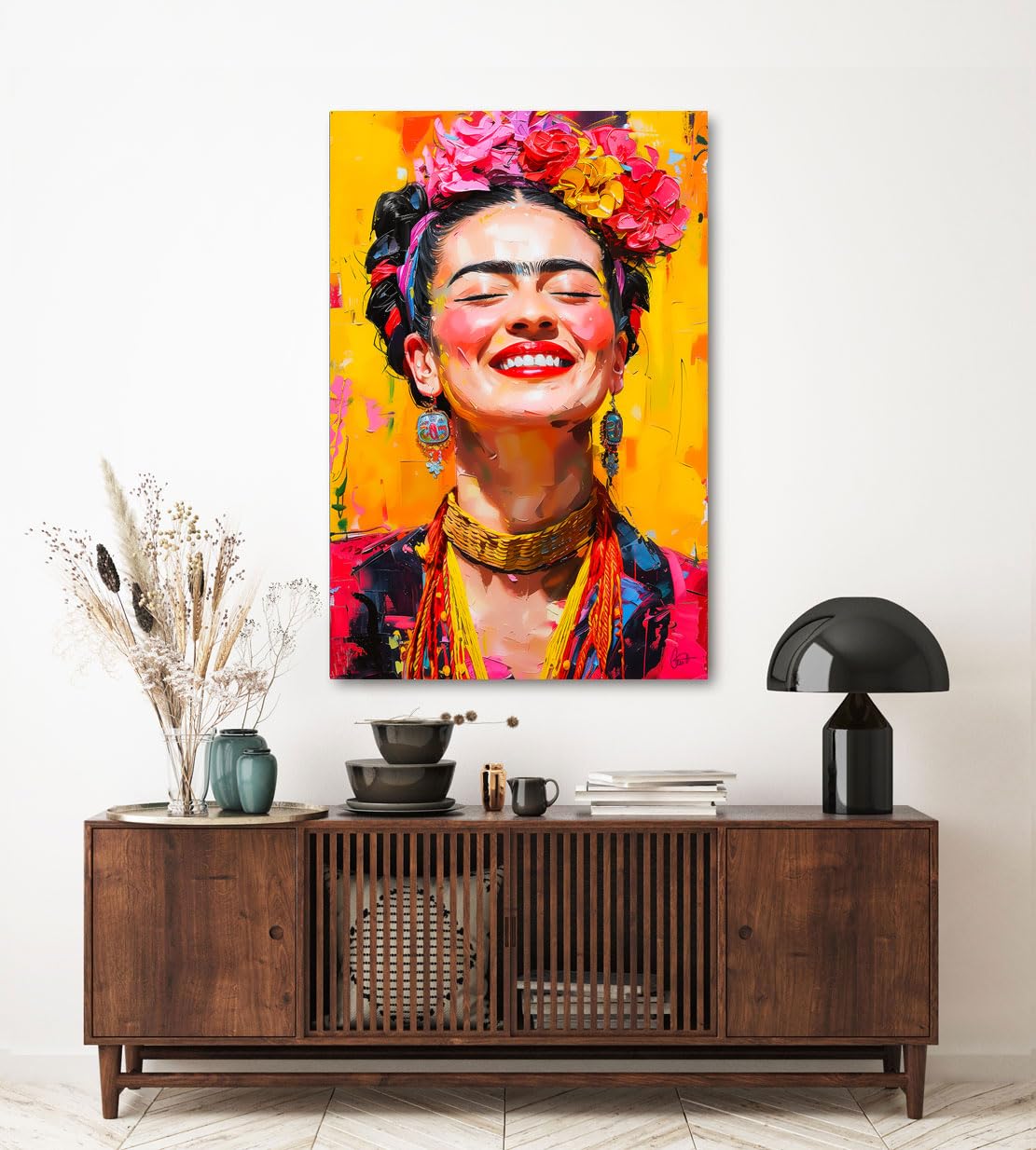 Kunstgestalten24 Frida Kahlo Lacht obraz na płótnie z ramą z prawdziwego drewna 60 x 90 cm