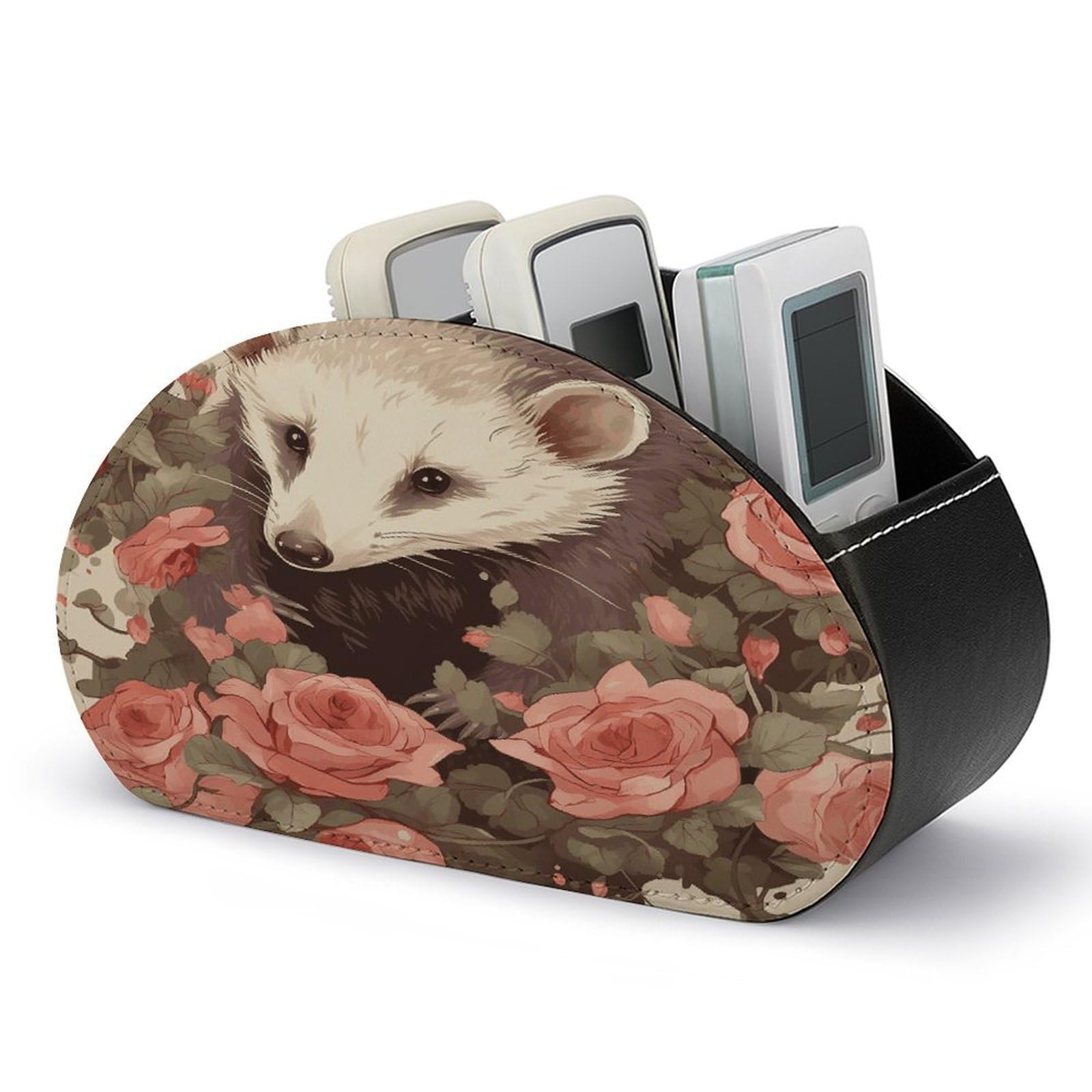 FodPand Opossum And Roses Remote Control Holders PU Leather Remote Caddy Desktop Organizer with 5 Compartments TV Remote Holder Box Tray for Bedside Table Office Desk Accessories&Gift