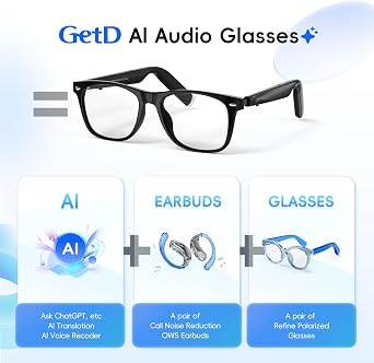 GetD AI Glasses for Men & Women, Smart Glass Powered by ChatGPT, AI Real-time Translation with 145 Languages, 11H Music Play, Bluetooth Glasses with Anti-Blue Light Lens for Daily Use, Travel | Anti-blue light lens, AI translation in 145 languages, Handsfree calls, Immersive audio, Holds AI conversations