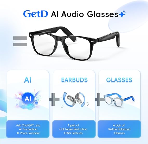 GetD AI Glasses for Men & Women, Smart Glass Powered by ChatGPT, AI Real-time Translation with 145 Languages, 11H Music Play, Bluetooth Glasses with Anti-Blue Light Lens for Daily Use, Travel | Anti-blue light lens, AI translation in 145 languages, Handsfree calls, Immersive audio, Holds AI conversations