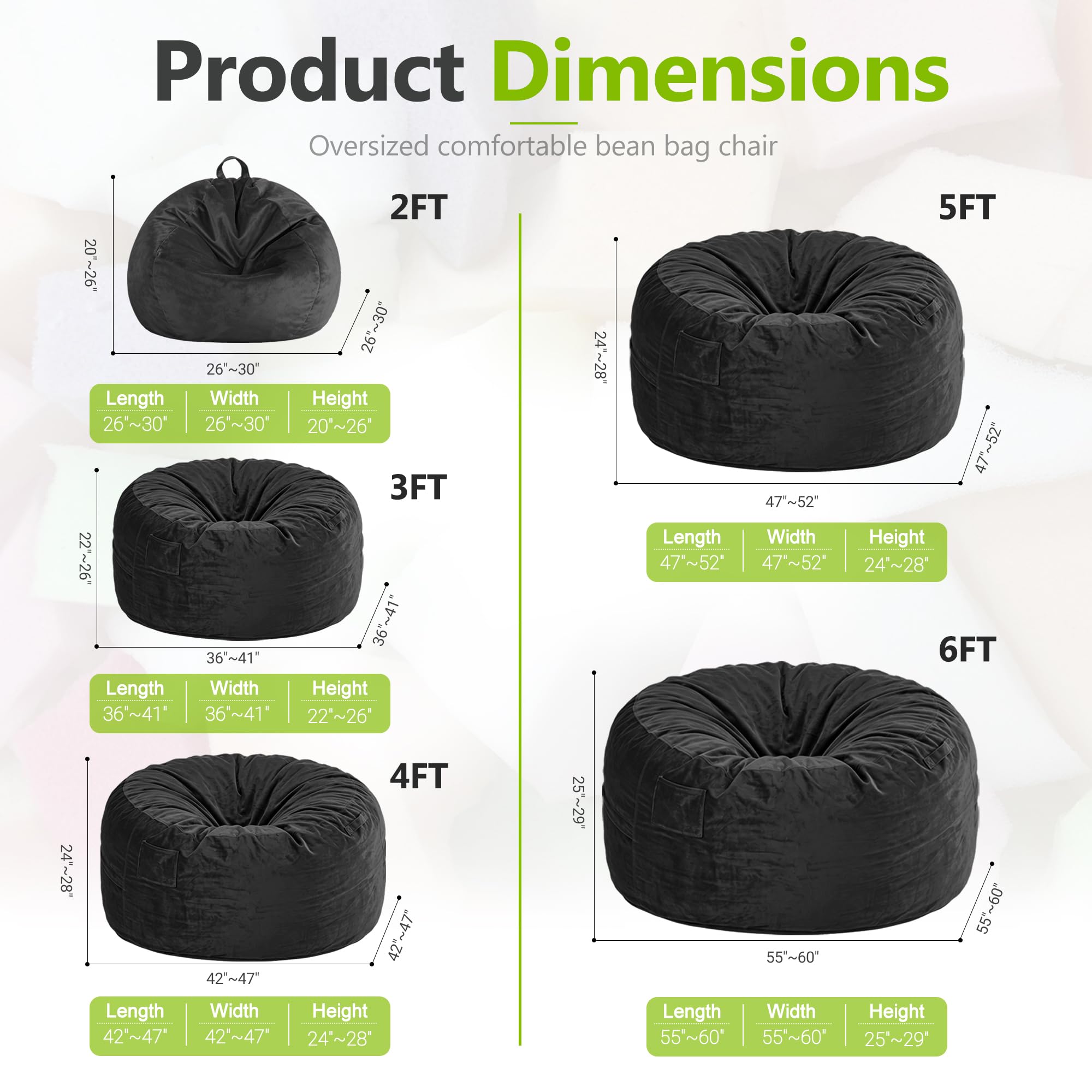 Homguava Puf gigante de 5 pies con relleno de espuma viscoelástica, cómodo puf para adultos, con funda de terciopelo holandés para sala de estar, dormitorio, color negro