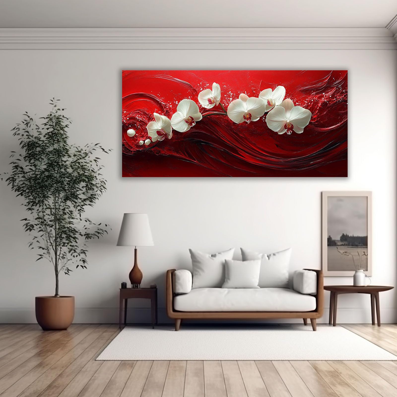 AMXBZC Nowoczesne obrazy piękne kwiaty mural sztuka na płótnie natura, zielona roślina liście plakat ścienny do salonu sypialni (czerwony-70x140cm bez ramki