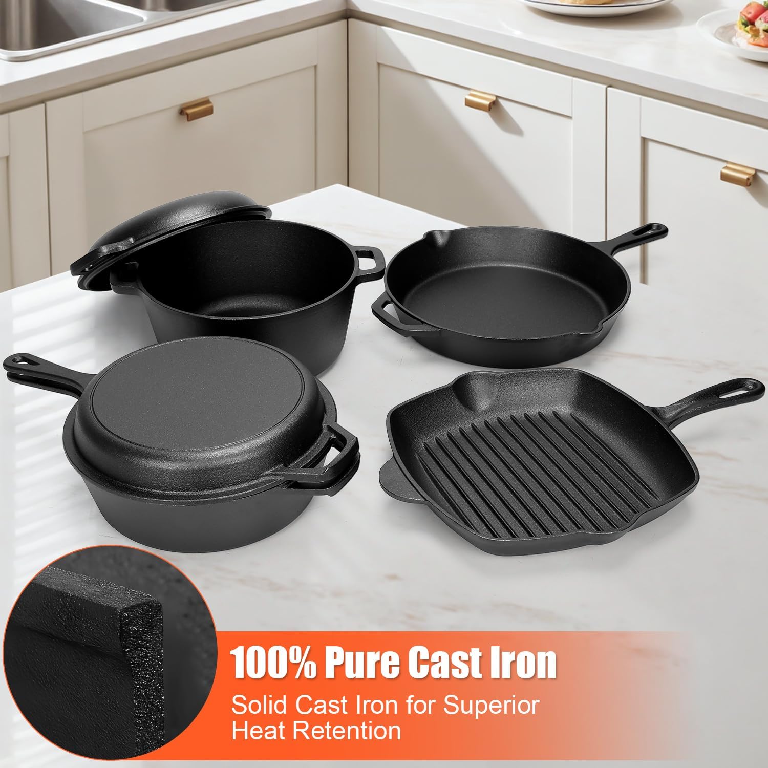 GFTIME Gusseisen Kochgeschirr Set 6-teilig mit 5 QT Dutch Oven & Deckel, 3,2 QT Schmortopf mit 1,6 QT Pfannen-Deckel, 28 cm Grillpfanne, 30,5 cm Bratpfanne, für Herd, Backofen, Grill & Camping
