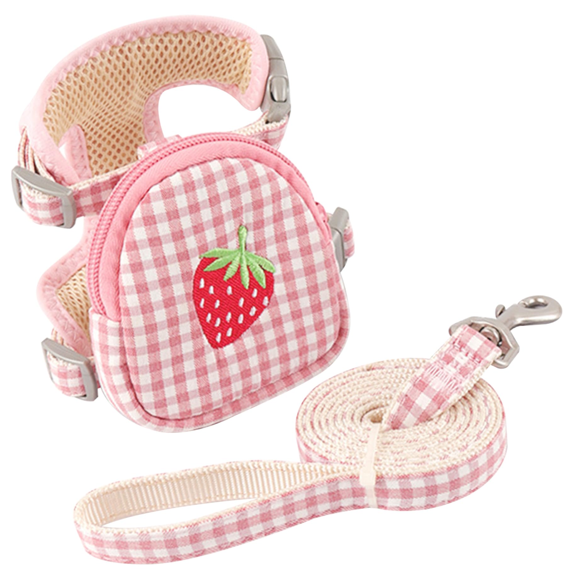 Cute Plaid Cat Harness and Leash with Strawberry Pattern Bag – Portable Lightweight Cat Leash Multifunctional Pet Harness for Cats Small Dogs, S