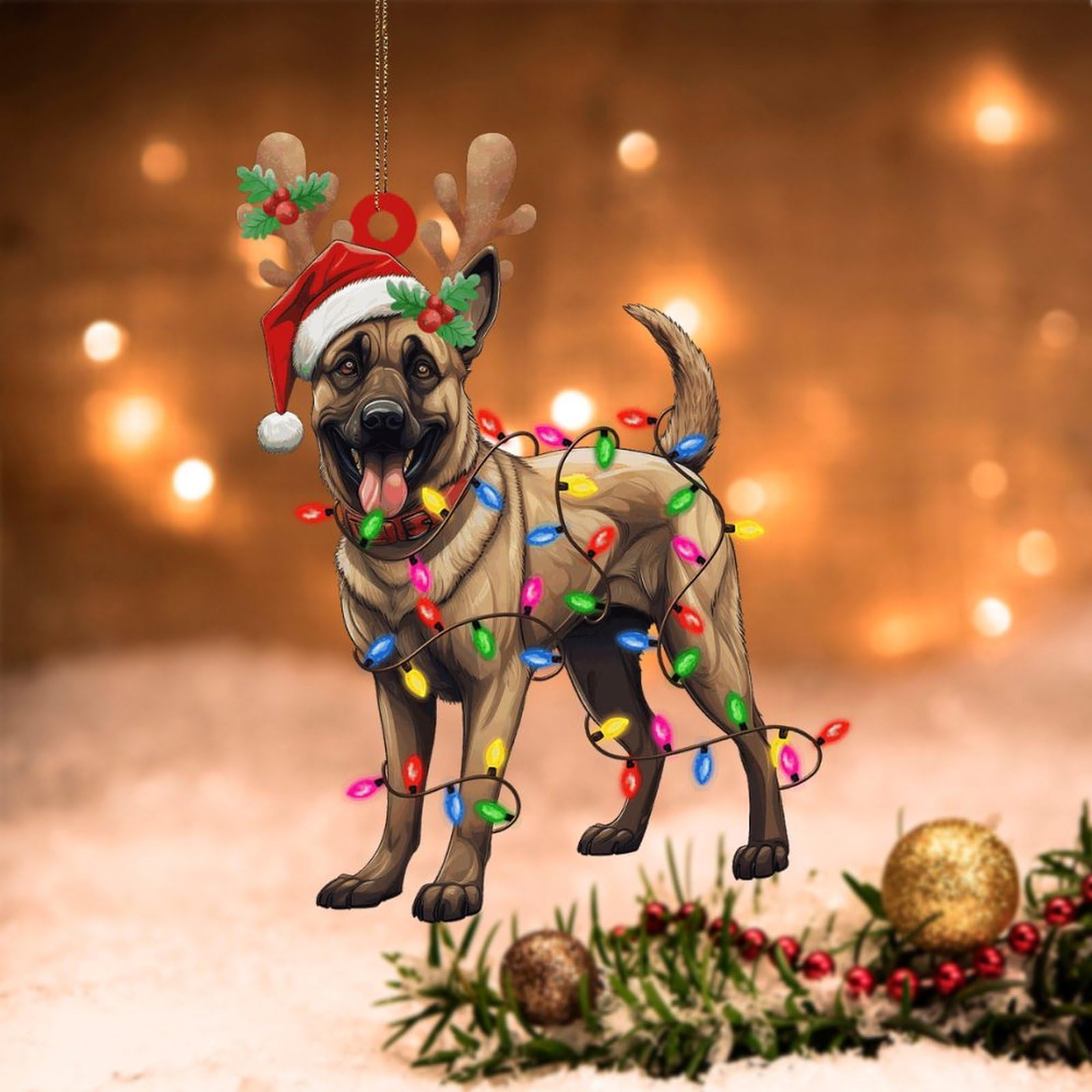 Swavecat Belgian Malinois Ornament Flat Printed 2D Acrylic Ornament Dog Lanterns Christmas Antlers Christmas Tree Ornaments 2 Sided Printing Acrylic Ornament Holidays 5In