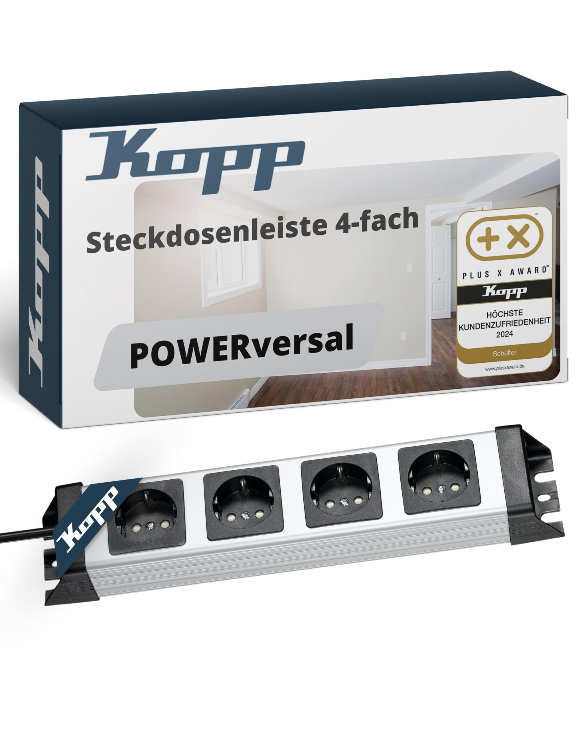 Kopp POWERversal 4-Fach Steckdosenleiste in Silber-Schwarz - Mehrfachsteckdose mit erhöhtem Berührungsschutz - IP20 Wand-Steckdosenleiste mit 1,4m Zuleitung & 90° gedrehten Anschlüssen