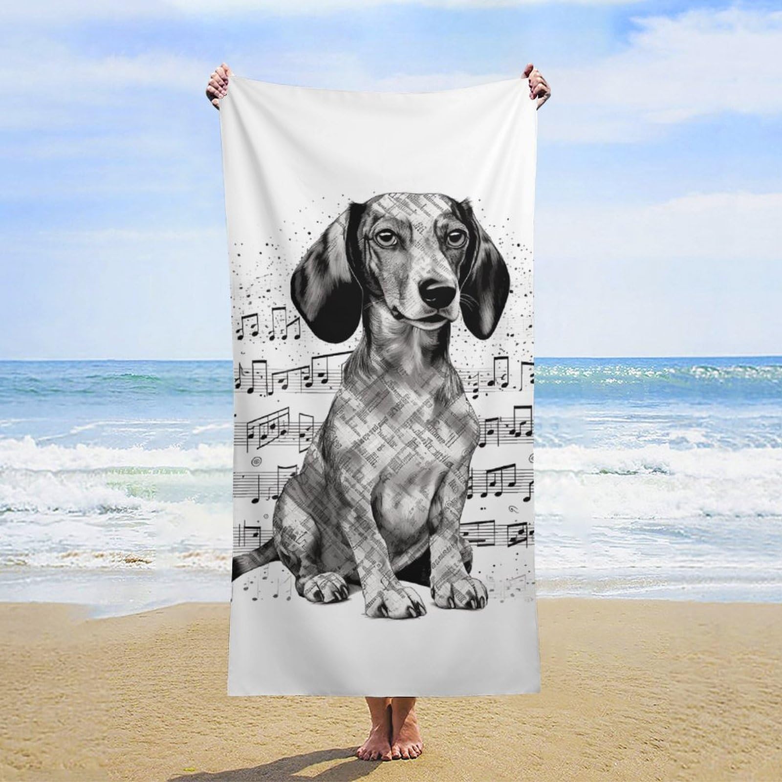 NTVOWPZO Dachshund Music Notes Beach Towel Oversized Microfiber Bath Towels Lightweight Sand Proof Beach Towels Absorbent Pool Towels for Swimming Yoga Bathroom Towel 31.5" X 63"