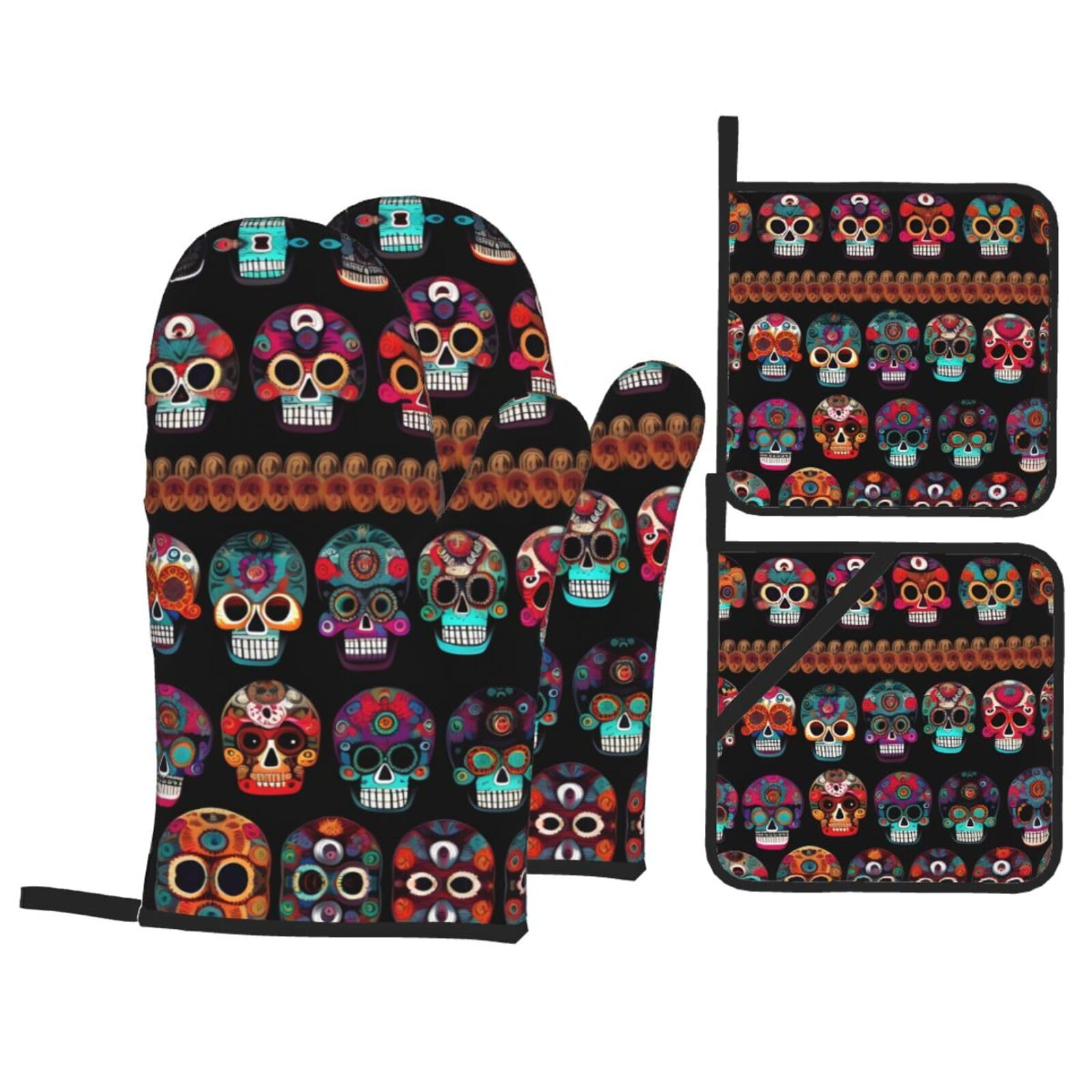 Mexican Skull Print Print Oven Mitts,Pot Holders, Heat Resistant Oven Mitts Gloves,Hot Pads for Kitchen Cooking Grill
