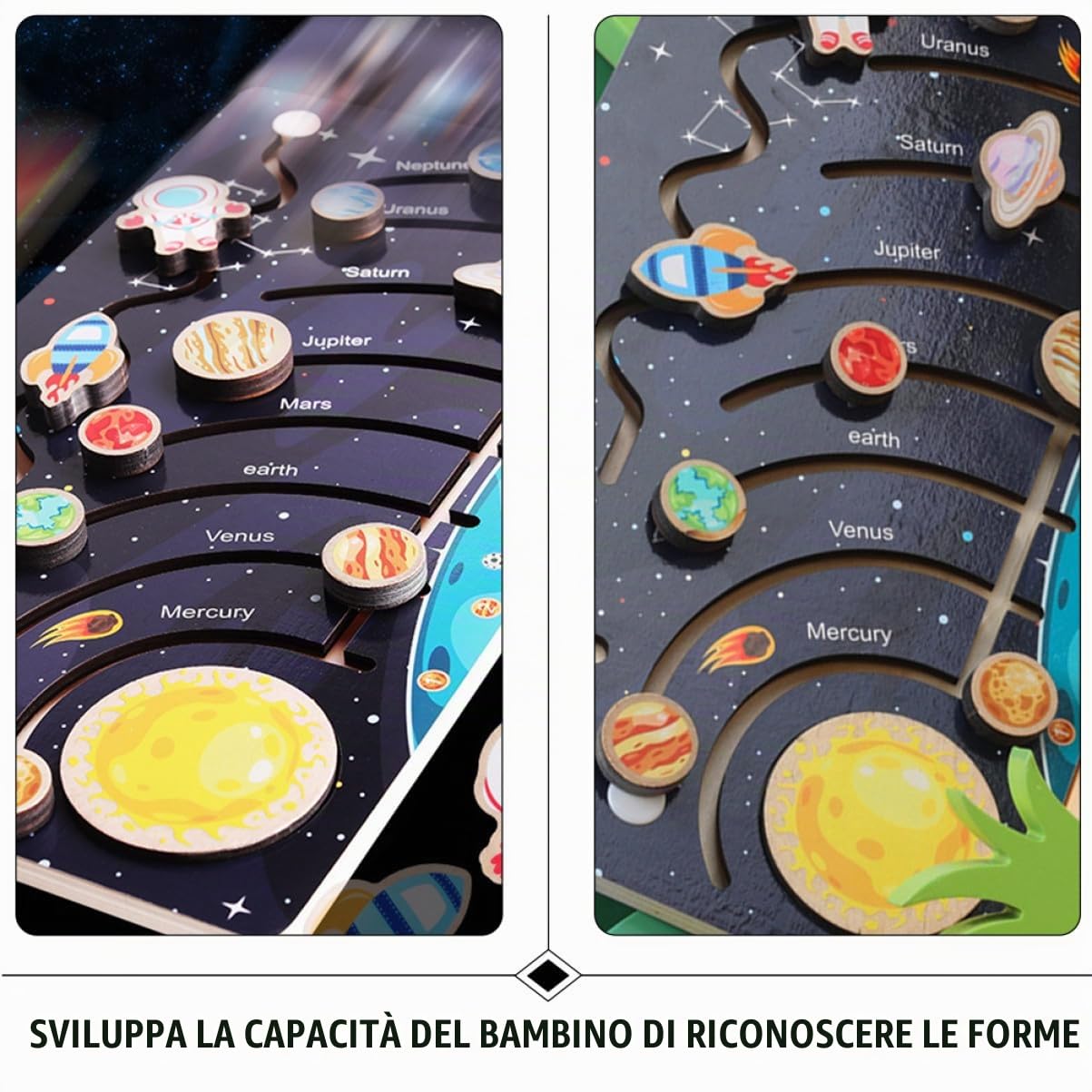 Toddmomy Puzzle Pianeti in Legno per Bambini, Solare | Nero, Attività Prescolari, Gioco Educativo, Conoscenza di Forme e Colori, 1 Confezione