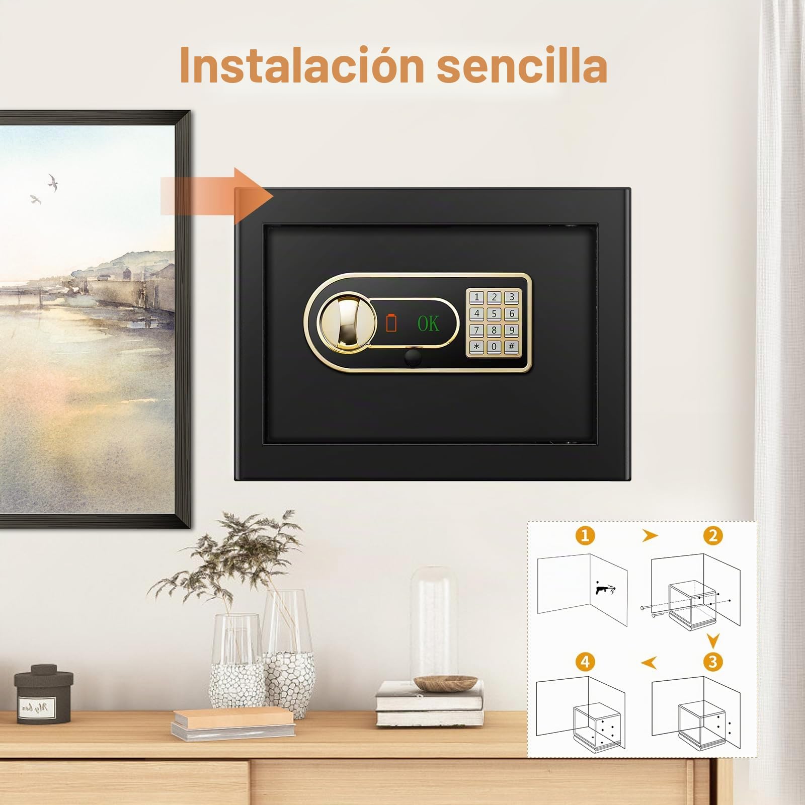 Mejasg Caja fuerte resistente al fuego con resistente al fuego, impermeable, 25 l, pequeña con estante extraíble y compartimento externo para pilas, caja fuerte de pared, caja fuerte para guardar