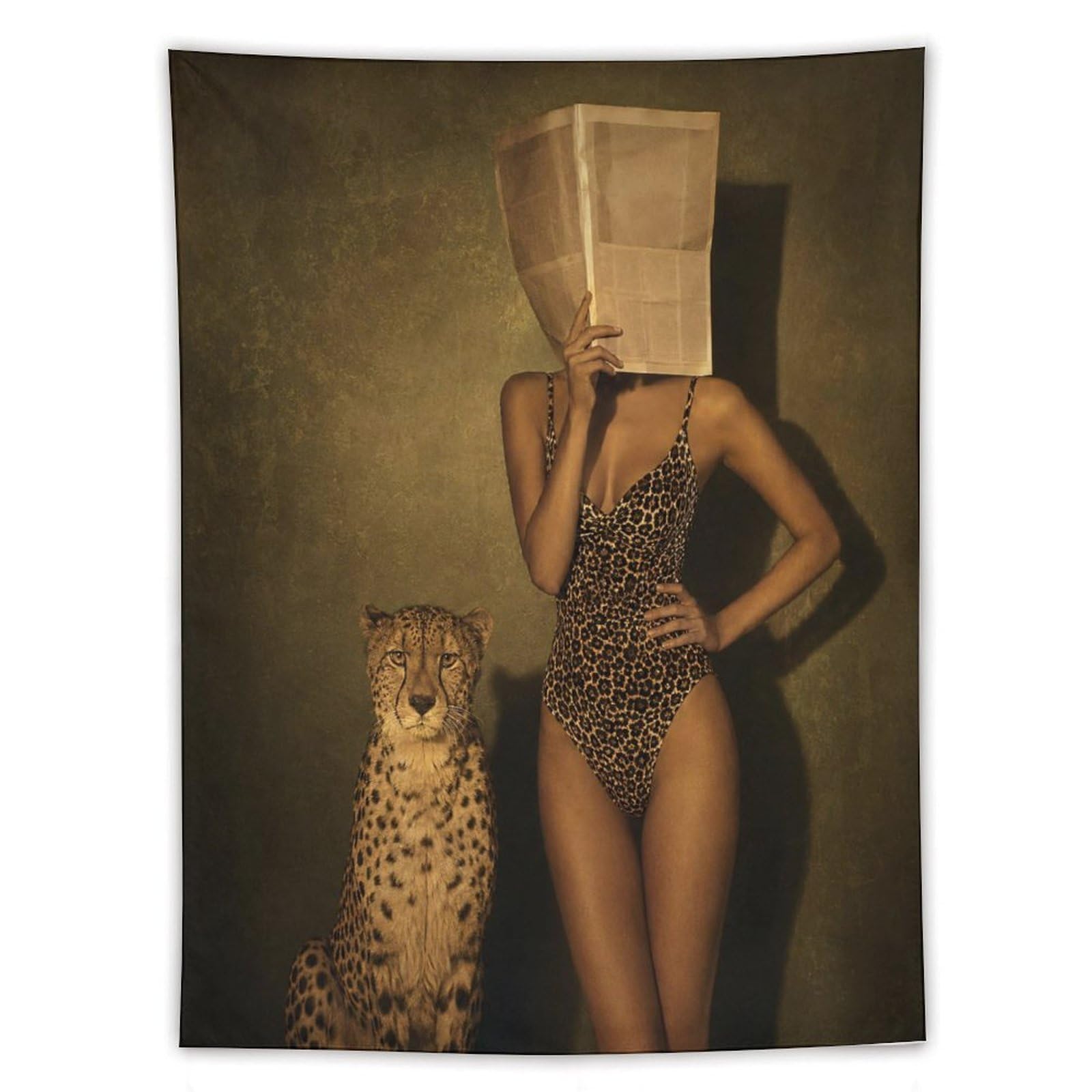 H3B8U2Y5 Paper Bag Woman with Cheetah Wall Tapestry, Realistic Illustration