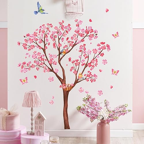 Calcomanías de pared de árbol de flores rosadas, calcomanías de pared de pájaros en ramas, decoración de pared de flores rosas para dormitorio, sala