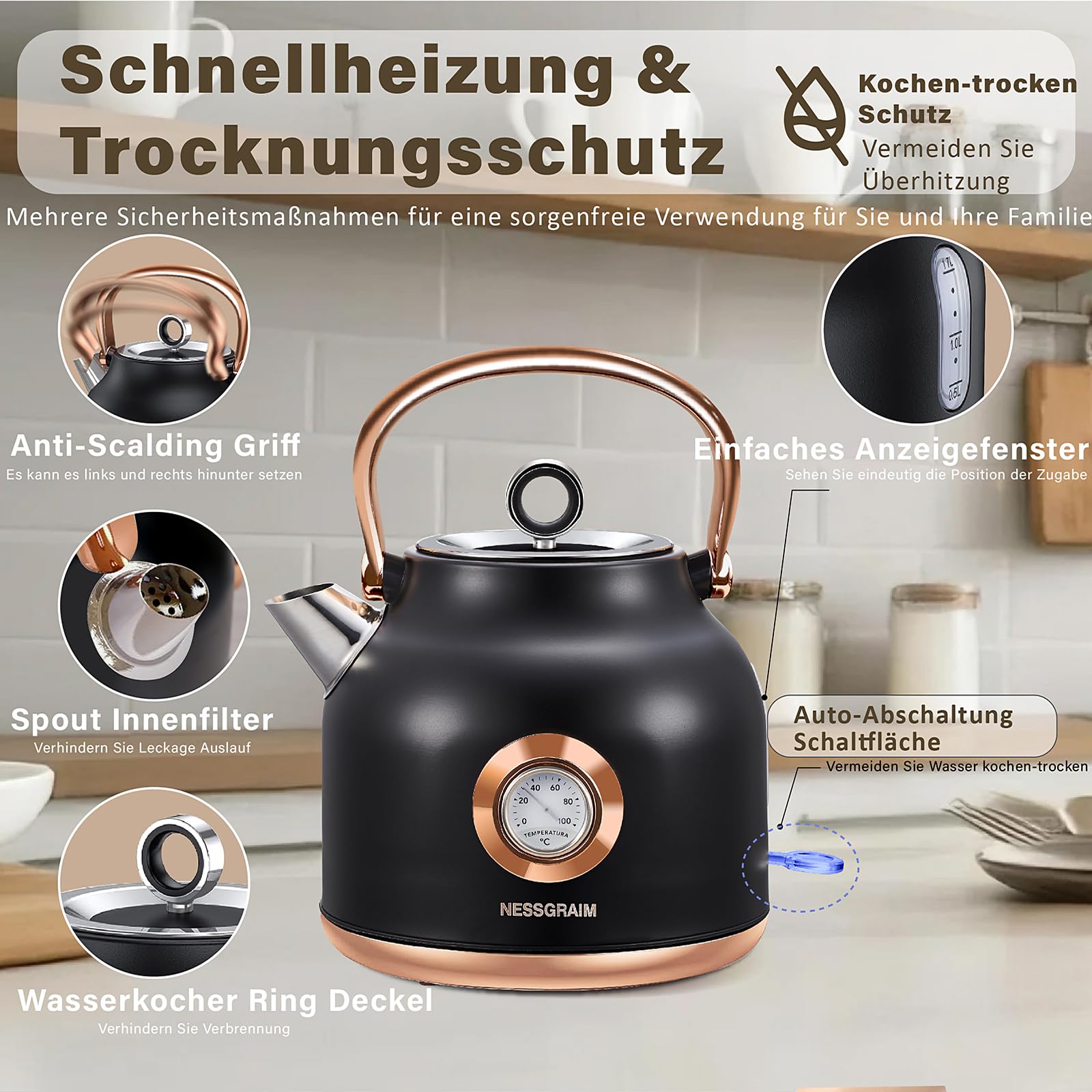 Retro-Wasserkocher, 1,7 l Edelstahl-Teekessel mit Großer Temperaturanzeige, 2200W Schnell Aufheizender Heißwasserboiler mit LED-Indikator (schwarz)